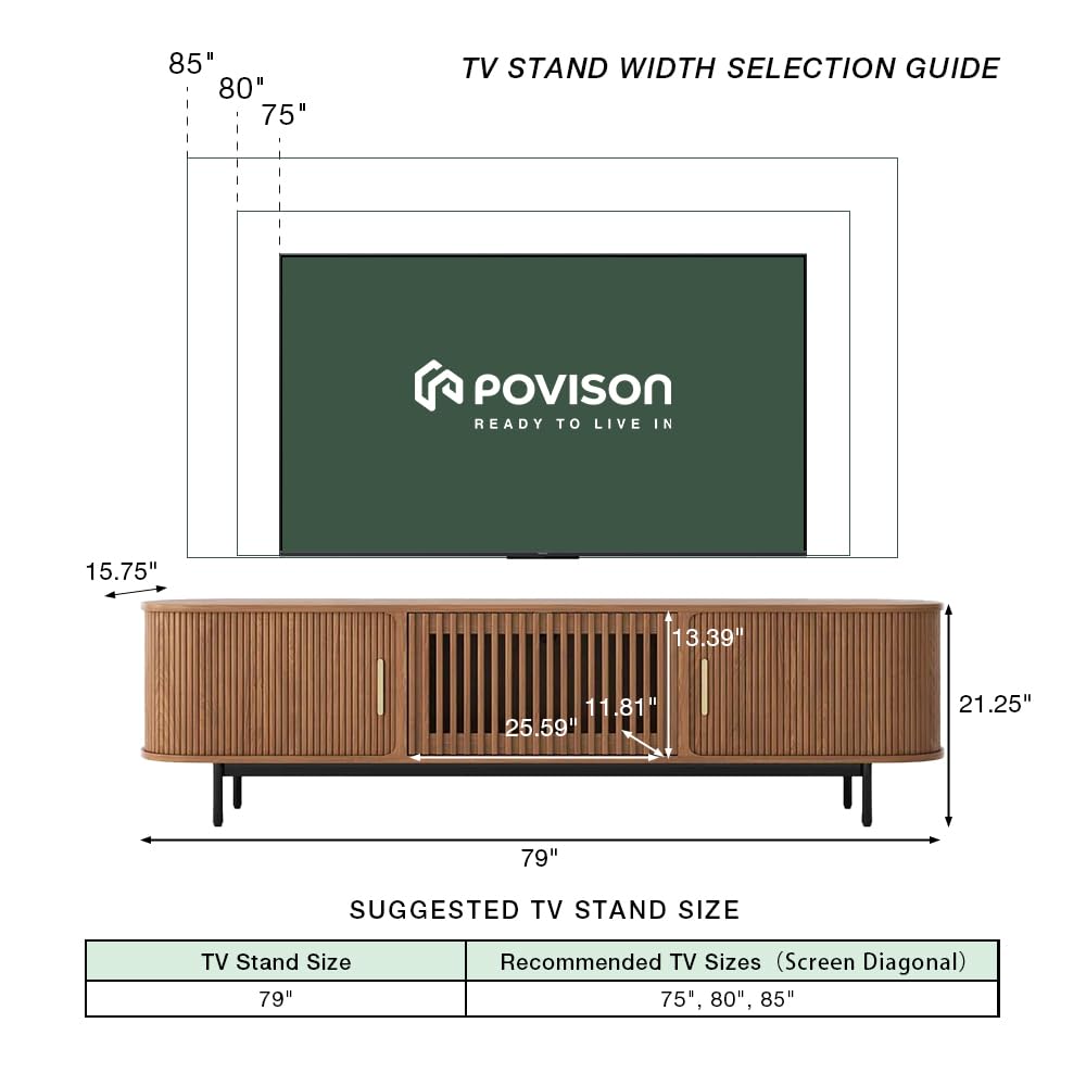 POVISON Fully-Assembled Sliding Tambour Door TV Stand with LED Lights, Mid Century Modern TV Console, Wood Media Console, Entertainment Center with Storage Cabinet(Walnut, 78.74")