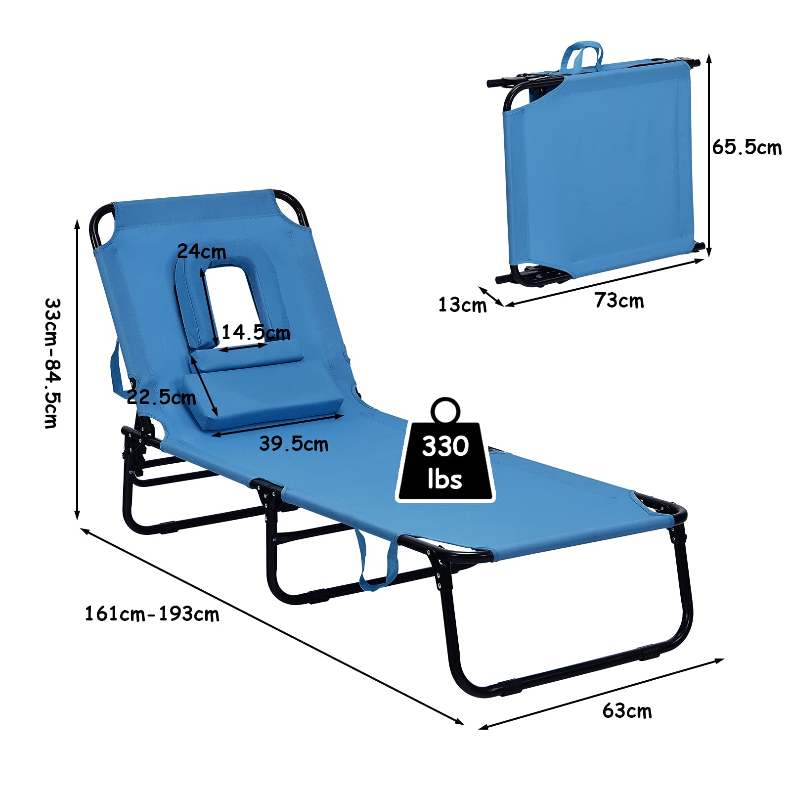Folding Beach Lounge Chair with 5-Position Adjustable Backrest & Padded Pillows