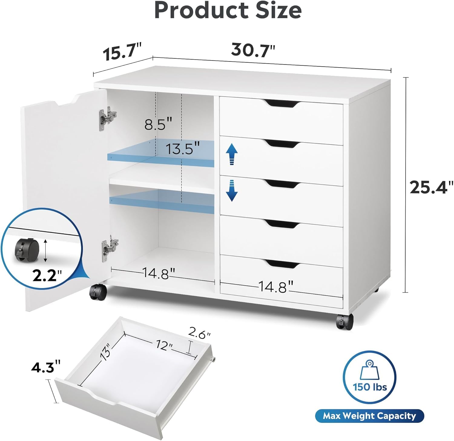 5-Drawer Storage Cabinet with Wheels & Adjustable Shelf