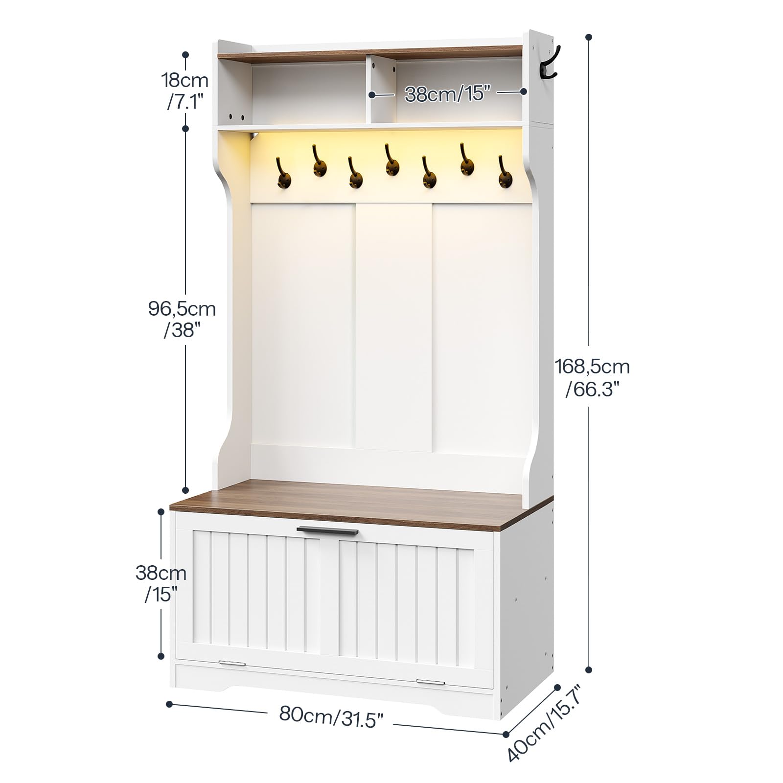 4-in-1 Hall Tree with Bench, Shoe Cabinet, 9 Hooks & LED Light Strip