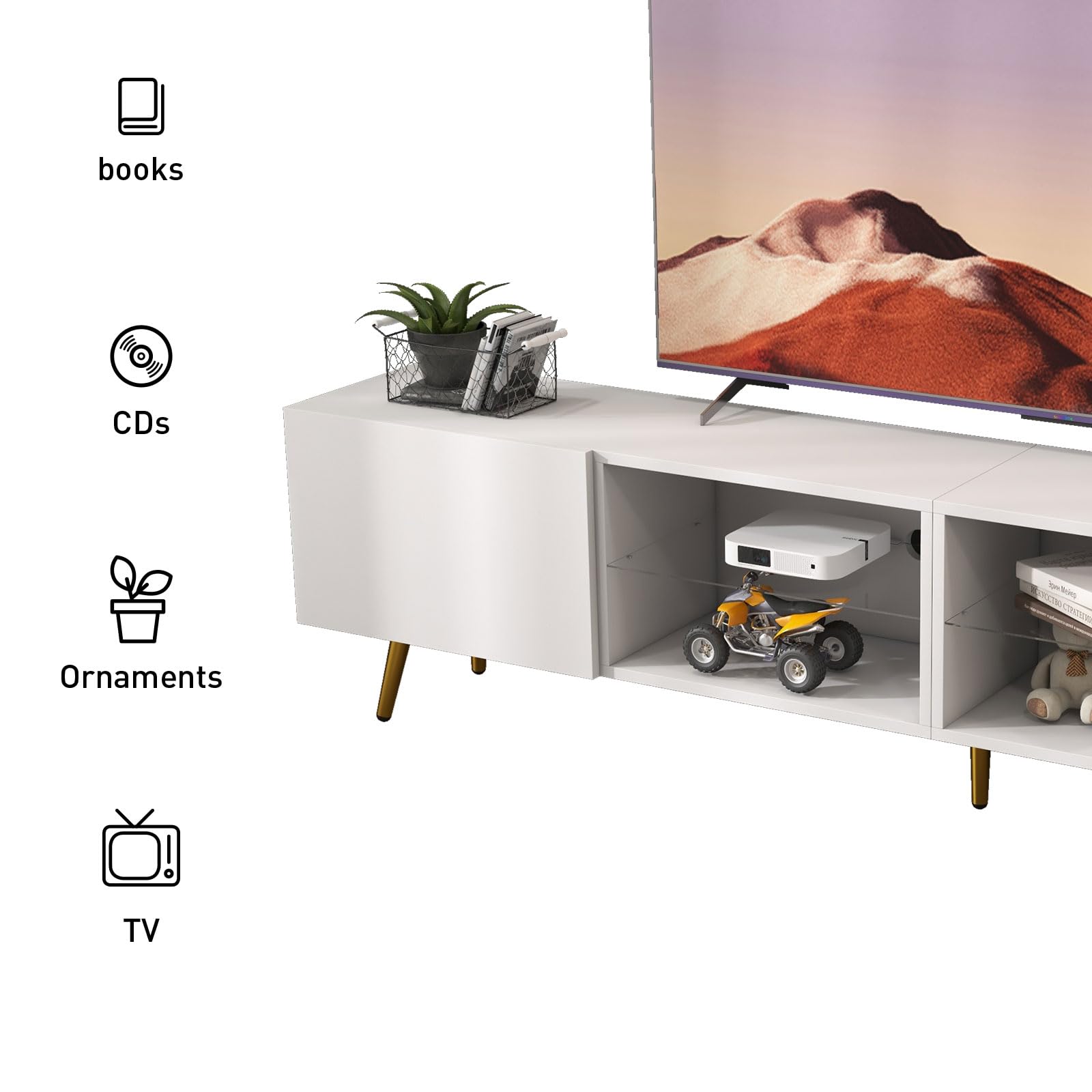 Bonzy Home 86" LED TV Stand, Modern Entertainment Center up to 75" 80" 85" TV, Television Console Table with Storage Cabinets for Living Room, White