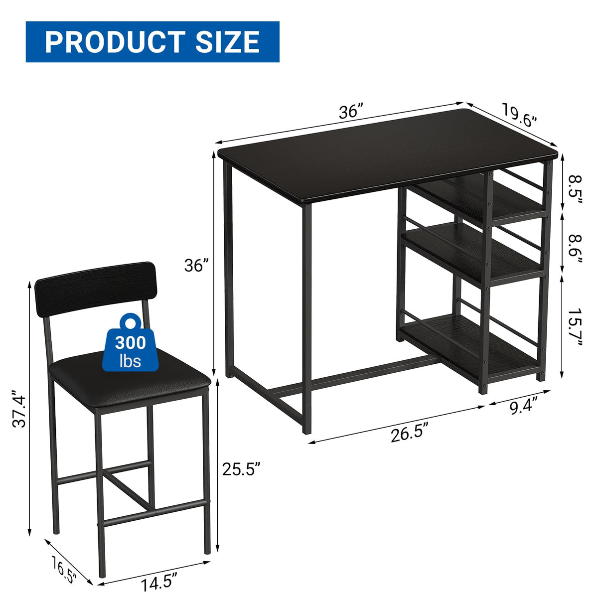 TricaLktdp 3 Piece Dining Table Set for 2 with 2 Upholstered Chairs, Rustic Pub/Bar Table Set + 3 Large Storage Shelves, Compact Kitchen Table for Small Spaces, Apartment, Breakfast Nook, Black