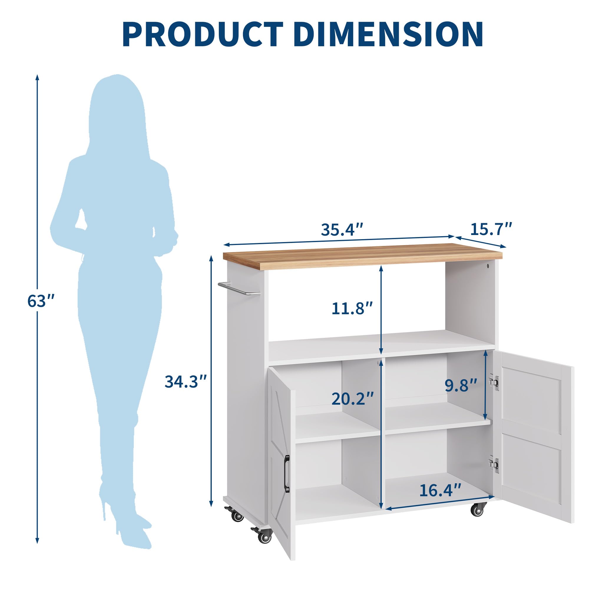 IDEALHOUSE Rolling Kitchen Island with Storage Cabinet, 40.4'' Width Kitchen Cart, Portable Mobile Kitchen Island with Towel Rack, Wood Top and Lockable Wheels for Kitchen, Dining Room