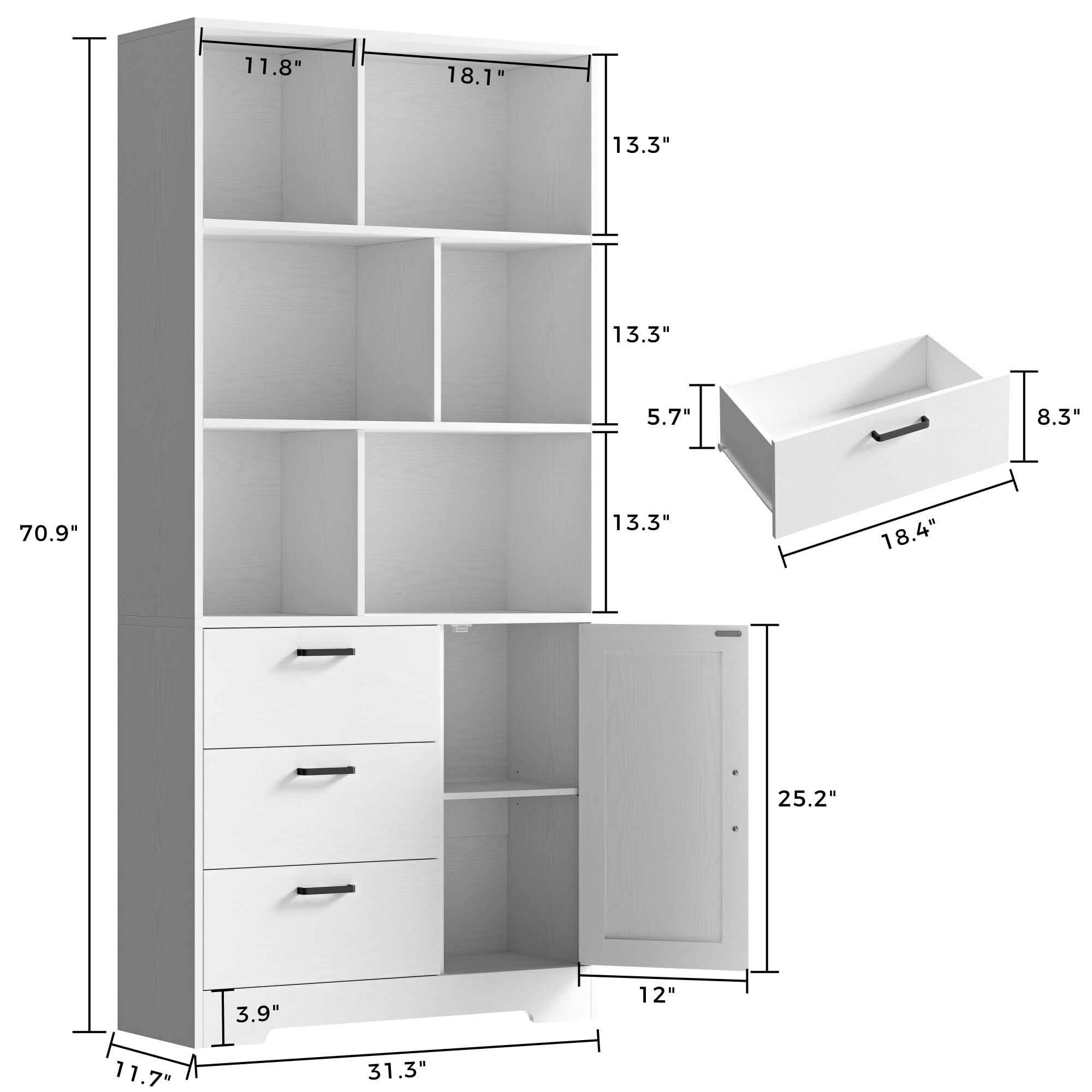 IRONCK Bookshelf, 70.9 Inch Tall Bookcase, White Book Shelf with Doors and 3 Drawers, 3-Tier Bookshelves with 6 Open Cubes for Home Office, Living Room, Study