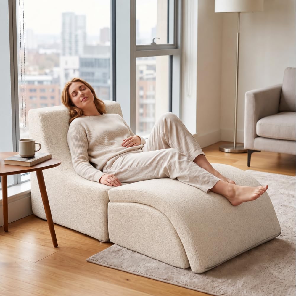 NeoNook 3-in-1 Convertible Chaise Lounge Chair with Curved Back, Chenille Armless Boneless Floor Sofa, Comfortable Lazy Chair Reading Chair for Bedroom, Living Room (White)