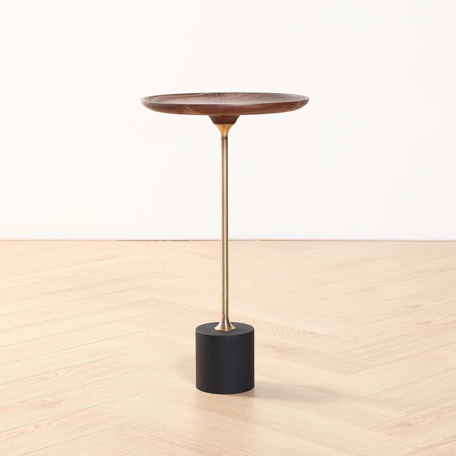 Round Walnut Side Table with Brass & Steel Base