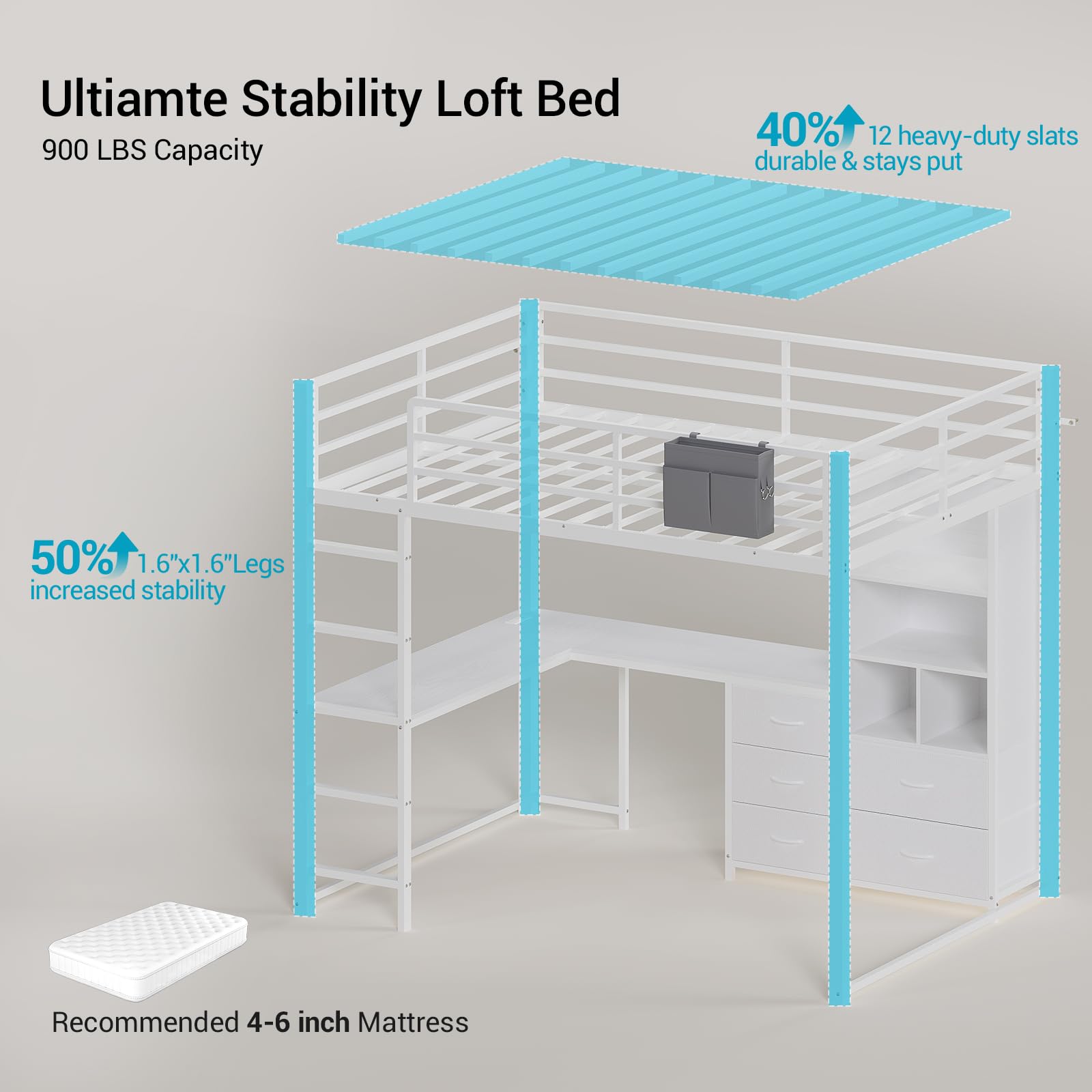 ADORNEVE Full Size Loft Bed with L Desk, 5-Tier Bookshelf, 5 Storage Drawers, LED Metal Loft Bed with Power Outlet, Loft Beds with Safety Guardrail & Ladders, No Box Spring Needed, White