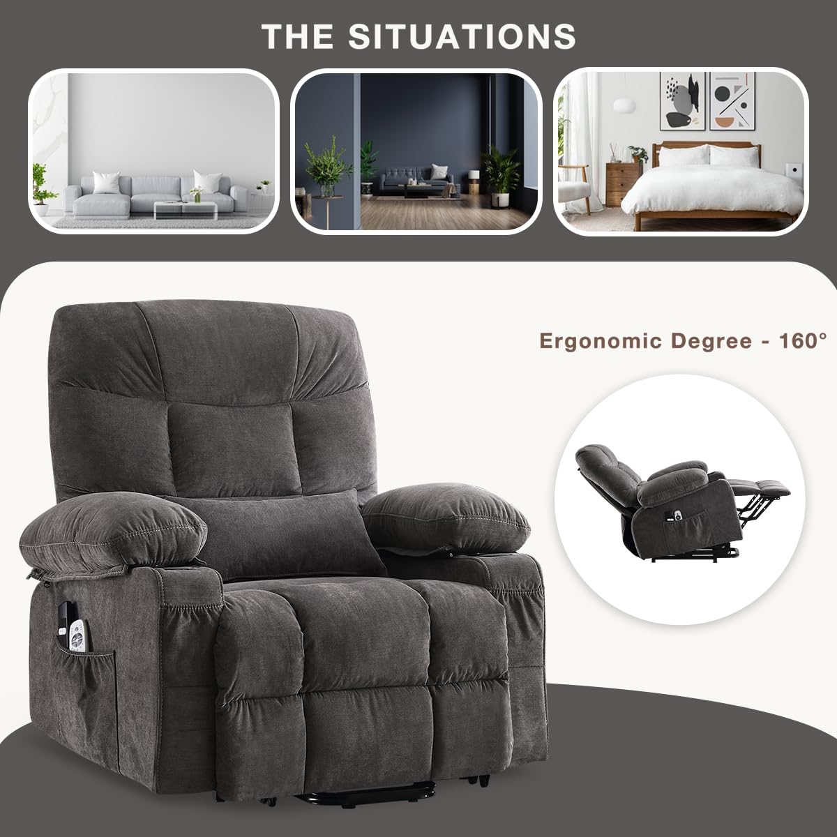KWKSV Power Lift Recliner Chair for Elderly,8-Point Vibration Massage & Heat,Electric Lift Chair with Two Cup Holders,4 Side Pockets,Extended Footrest for Living Room