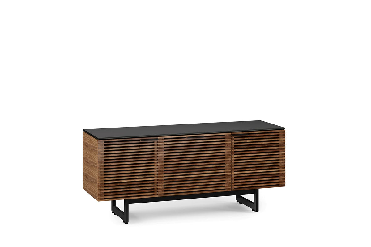 BDI Furniture Corridor 8177-65'' TV Stand for TVs up to 70" with Soundbar Shelf, Storage Drawer, Cable Management, Remote-Friendly Louver Doors, Satin-Etched Glass Top, Natural Walnut