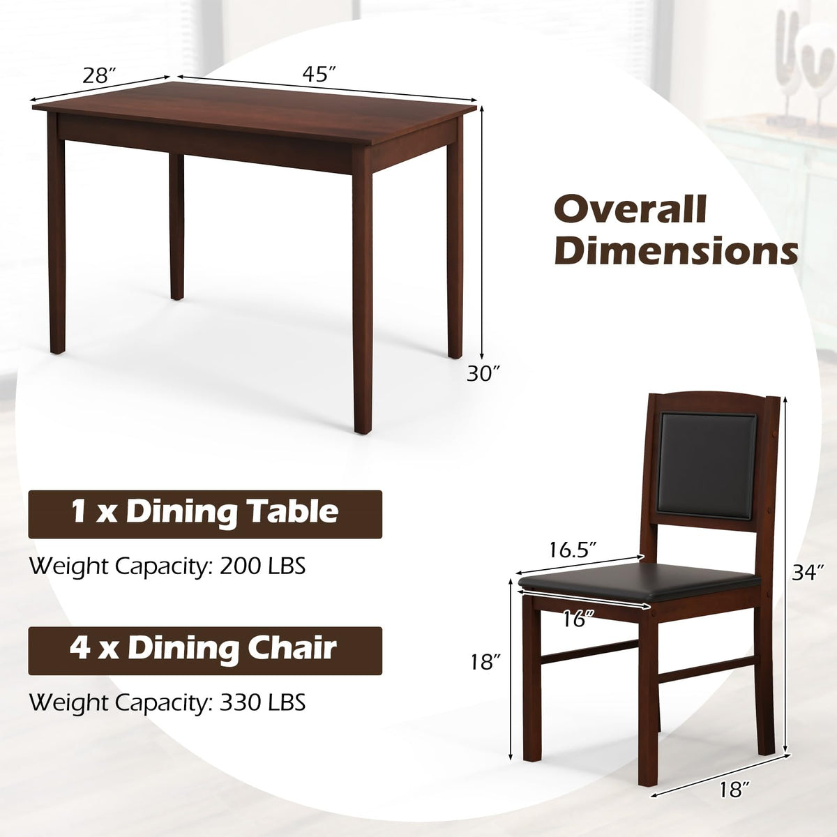 GIANTEX 5-Piece Dining Table Set for 4, Wooden Kitchen Table and Chairs with Solid Rubber Wood Legs, Padded Seat & Backrest, Space Saving Dinette Set for Home Dining Living Room, Breakfast Nook