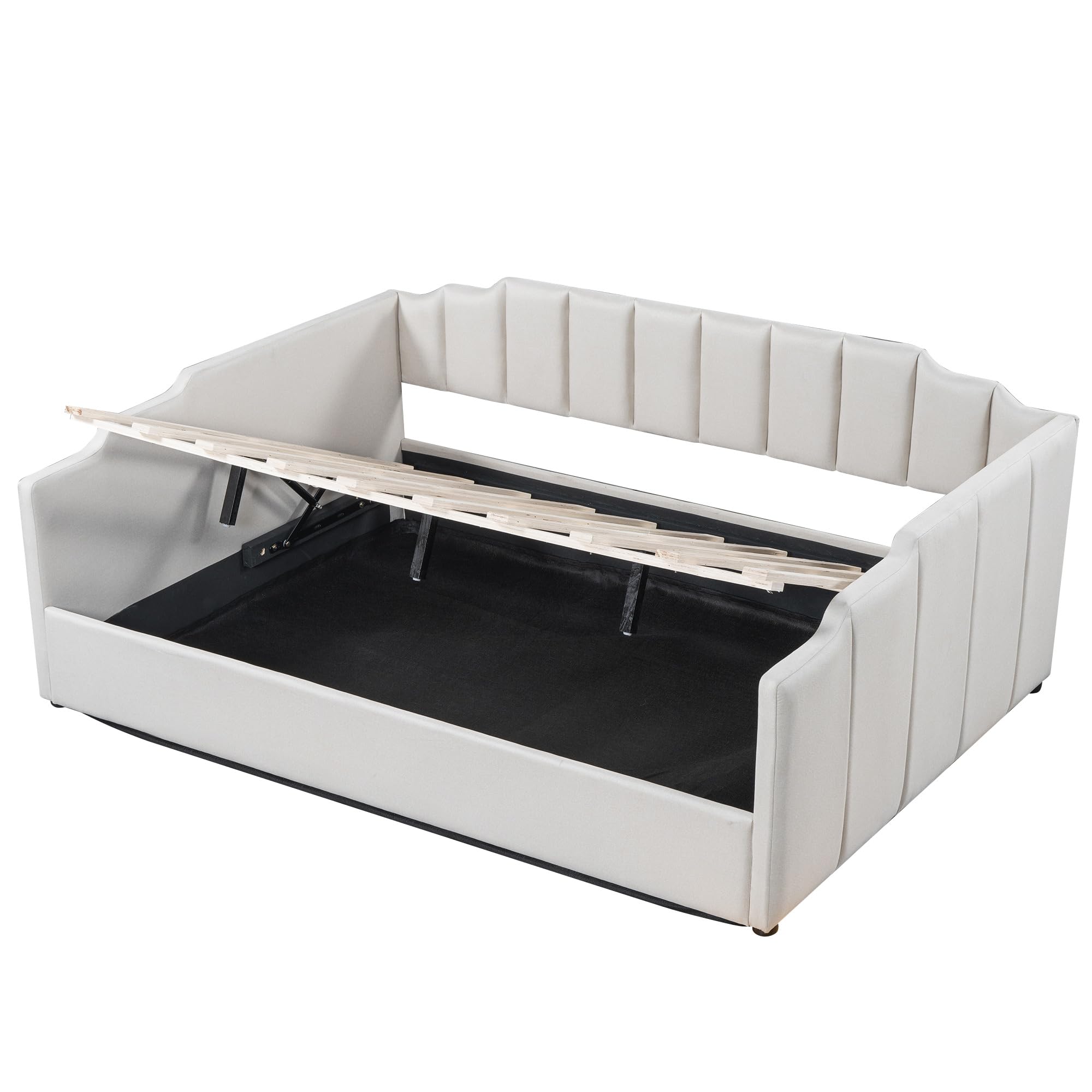 Merax Daybed, Full Size Tufted Upholstered Linen Fabric Sofa Bed with Underneath Storage for Bedroom, Wood Slat Support, No Box Spring Needed, Easy Assembly, White