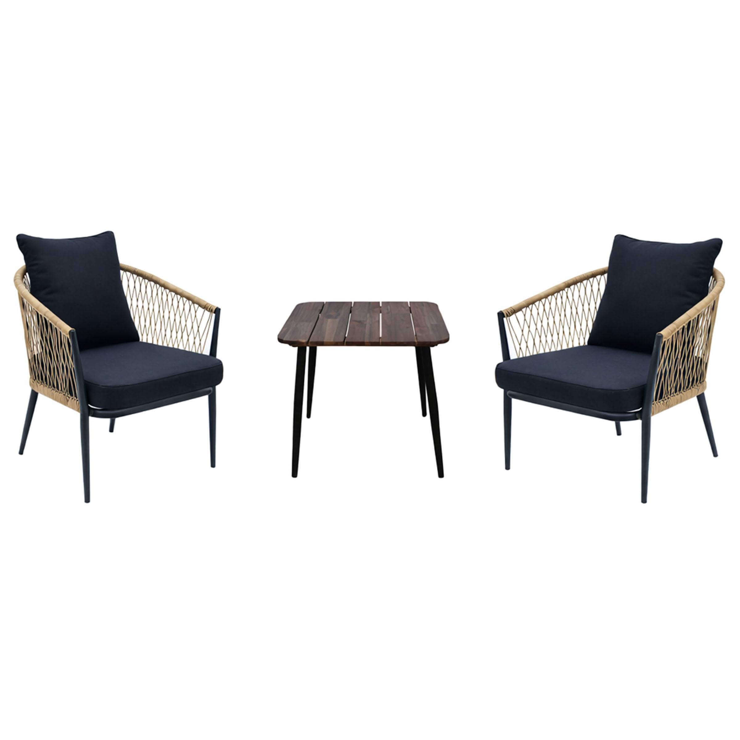 Alpine Corporation VTFAM166A 3-Piece Outdoor Patio Bistro Set – Wooden Accent Table & 2 Wicker Armchairs with Seat & Back Cushions – Modern Indoor/Outdoor Conversation Set, Natural & Black