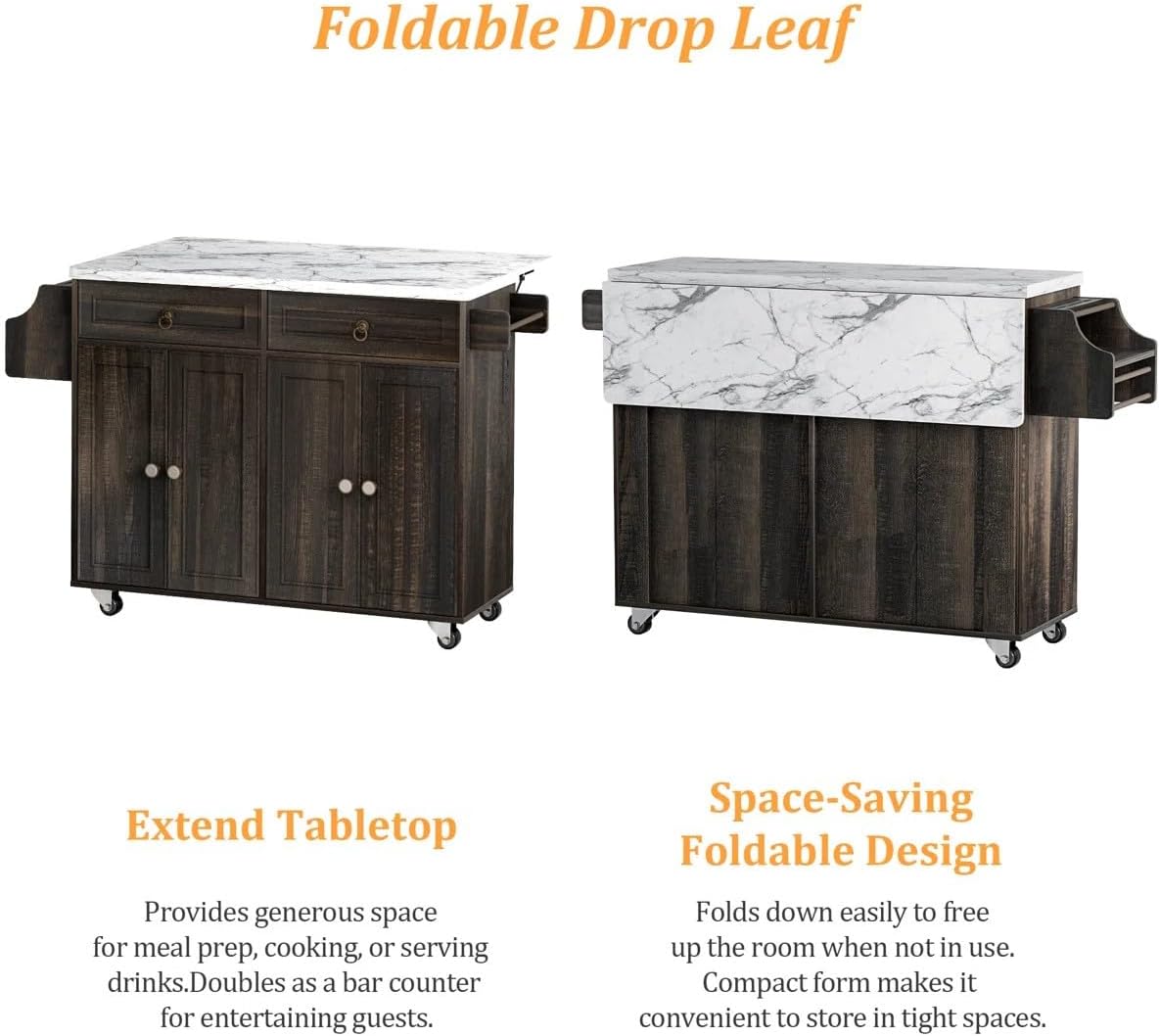 Zephome Farmhouse Kitchen Island with Power Outlet and Drop Leaf, Rolling Kitchen Cart on Wheels with Storage Cabinets & Drawers, Portable Wooden Microwave Stand Spice Rack for Small Spaces
