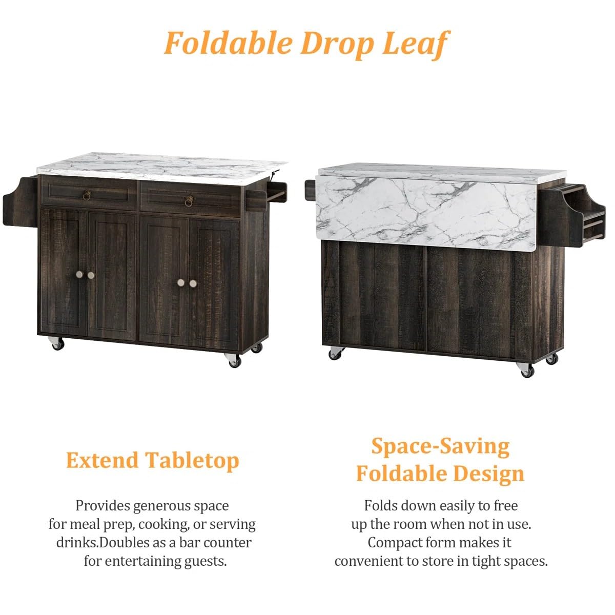 Zephome Farmhouse Kitchen Island with Power Outlet and Drop Leaf, Rolling Kitchen Cart on Wheels with Storage Cabinets & Drawers, Portable Wooden Microwave Stand Spice Rack for Small Spaces