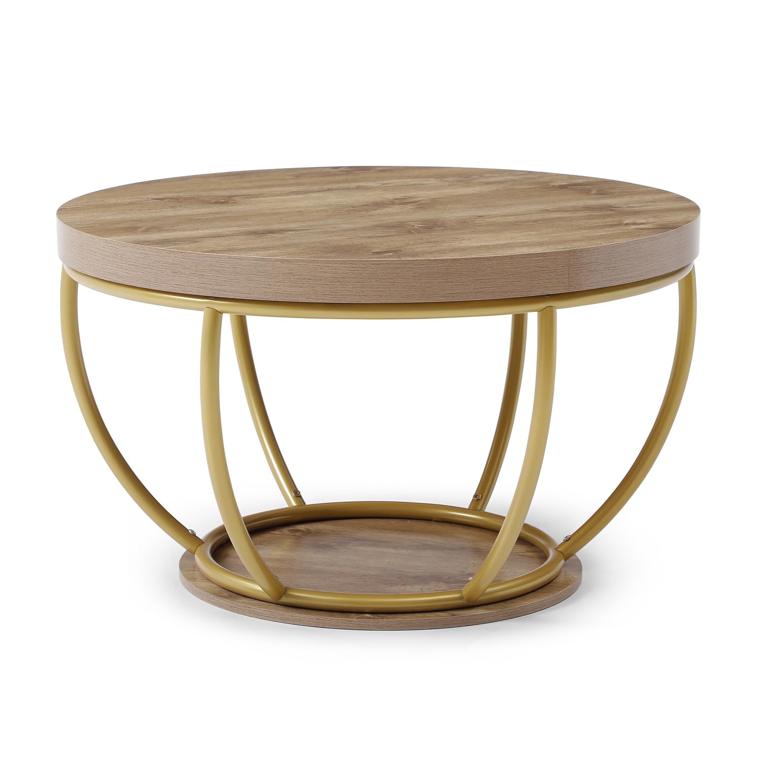 ivoros Round Coffee Table, 31" Circle Coffee Table for Living Room, 2-Tier Wood Coffee Table with Open Storage Shelf, Industrial Accent Center Table for Home Office Apartment (Gold Leg)