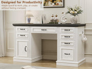 Jocoevol Farmhouse 57" Executive Desk with 7 Drawers, Home Office Desk with File Cabinet Storage, Computer Desk with Charging Station and Headphone Hook for Work, Study, Writing, White
