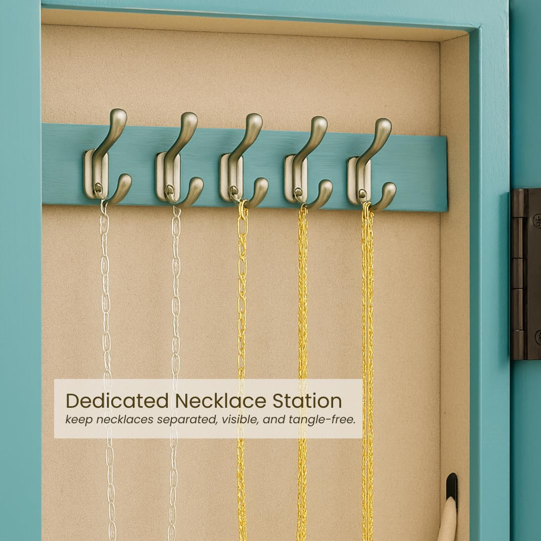 Standing Jewelry Armoire with Mirror & 7 Drawers – Turquoise
