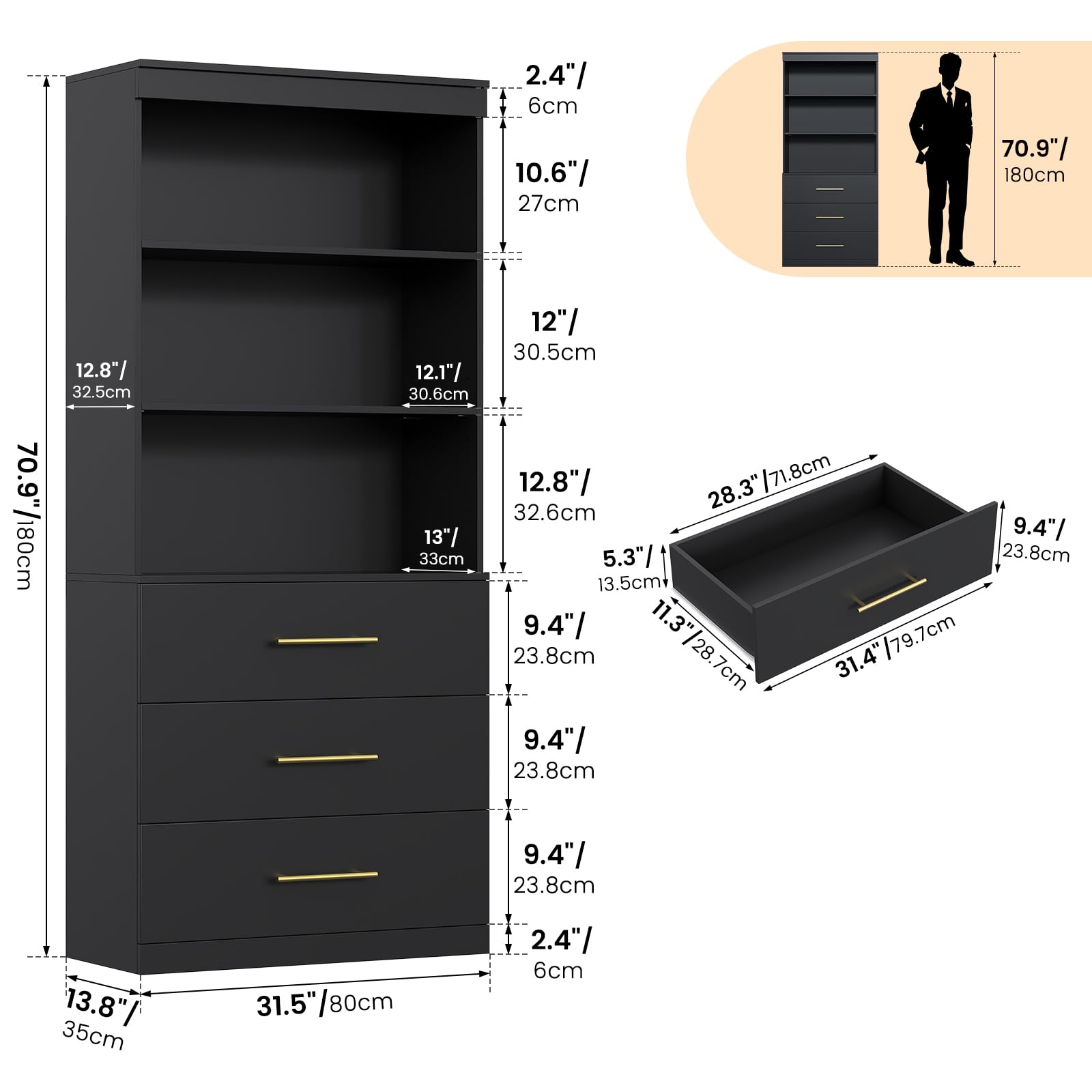 Winkalon 71" Tall Black Bookshelf with Drawers, Bookcase and Bookshelf with 3-Tier Open Shelves, Tall Bookcase Tall Storage Cabinet for Home Office Living Room, 13.8" D x 31.5" W x 71" H