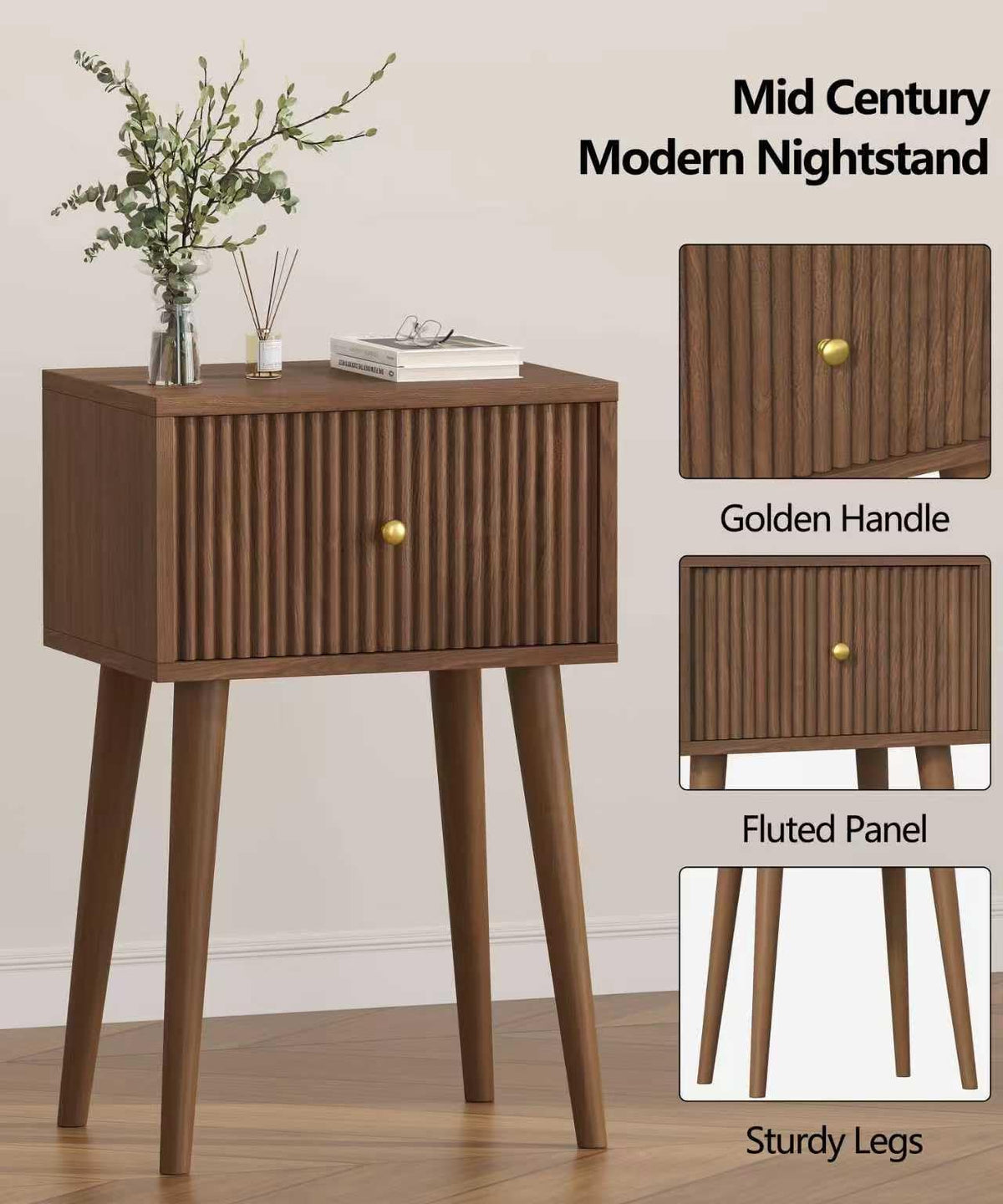 Akxomel Small Nightstand Set 2 Fluted Wooden Nightstands Wood Legs Walnut