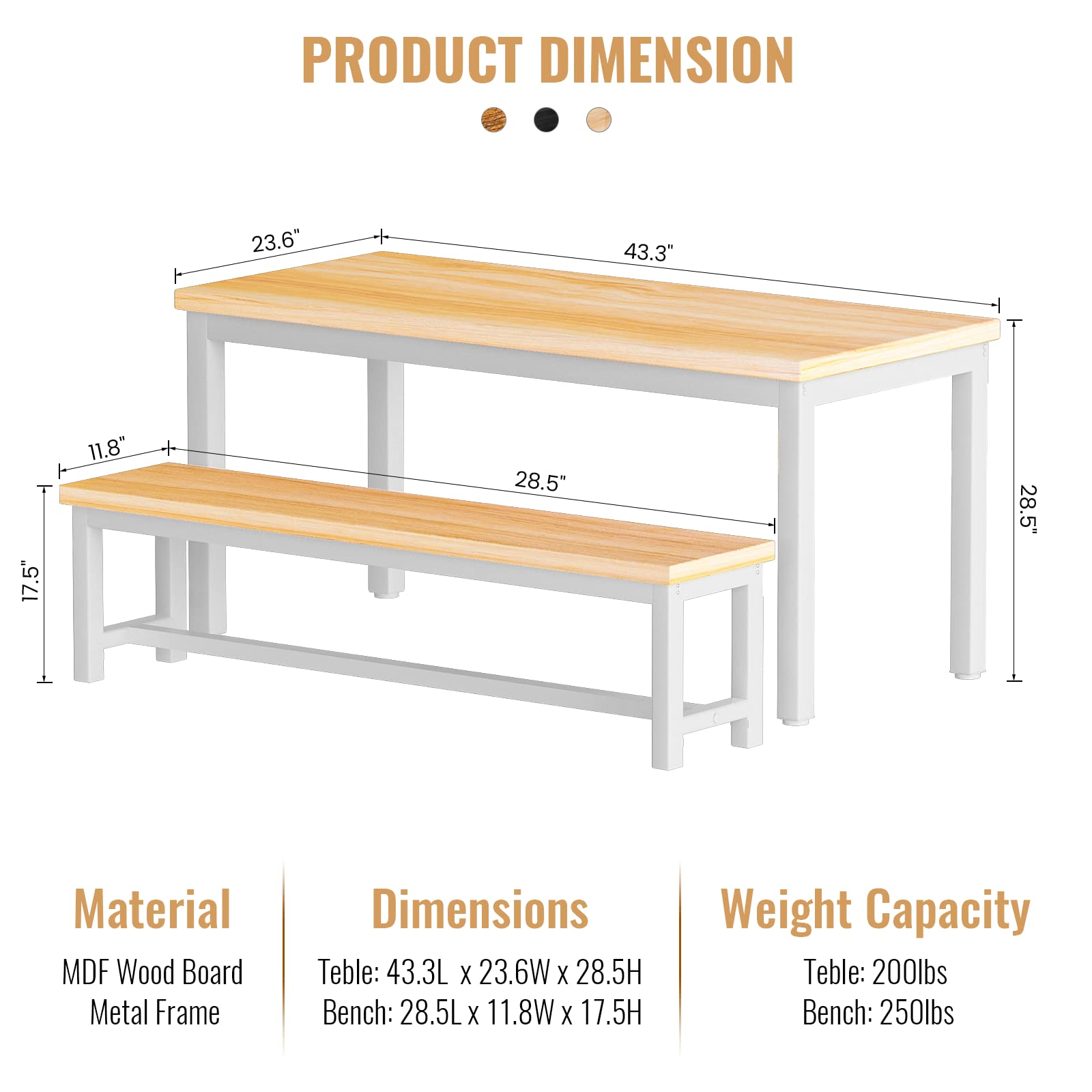 AWQM 43.3" Dining Table Set for 4, Kitchen Dining Table with 2 Benches, Dining Room Table Set with Metal Frame & Thickened Board for Kitchen, Restaurant, Oak