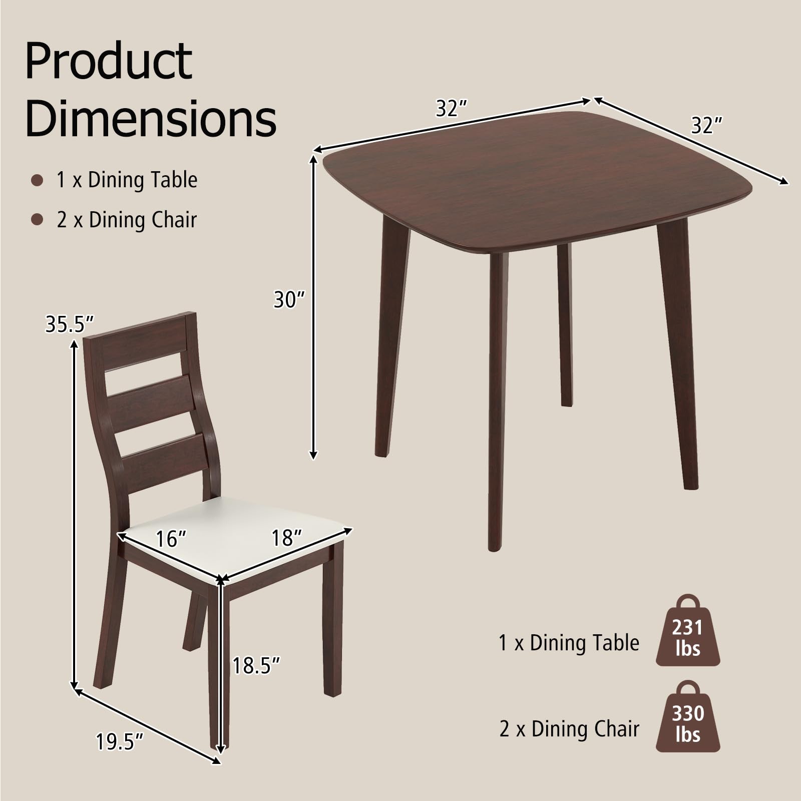 3-Piece Small Dining Table Set for 2