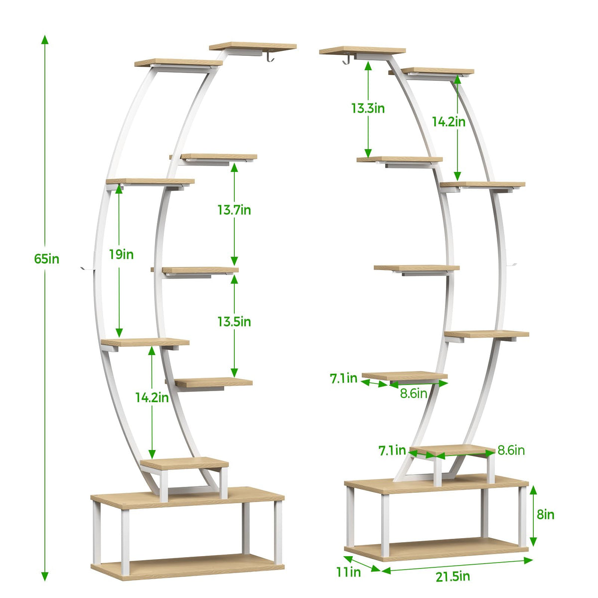 Plant Stand Indoor with 8 Grow Light,65" Tall 10 Tier White Half Moon Shelf