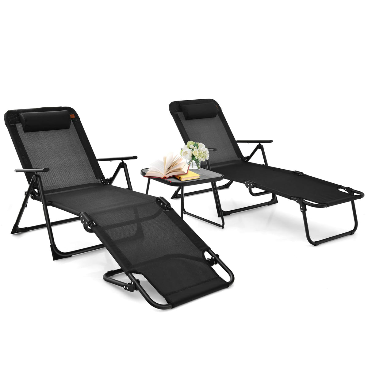 Tangkula 3-Piece Folding Outdoor Chaise Lounge Chair Set, 2 Recliner Chairs & 1 Patio Bistro Table w/Adjustable Backrest, Weatherproof PVC Tabletop, Portable Sunbathing Chairs for Beach Yard Poolside