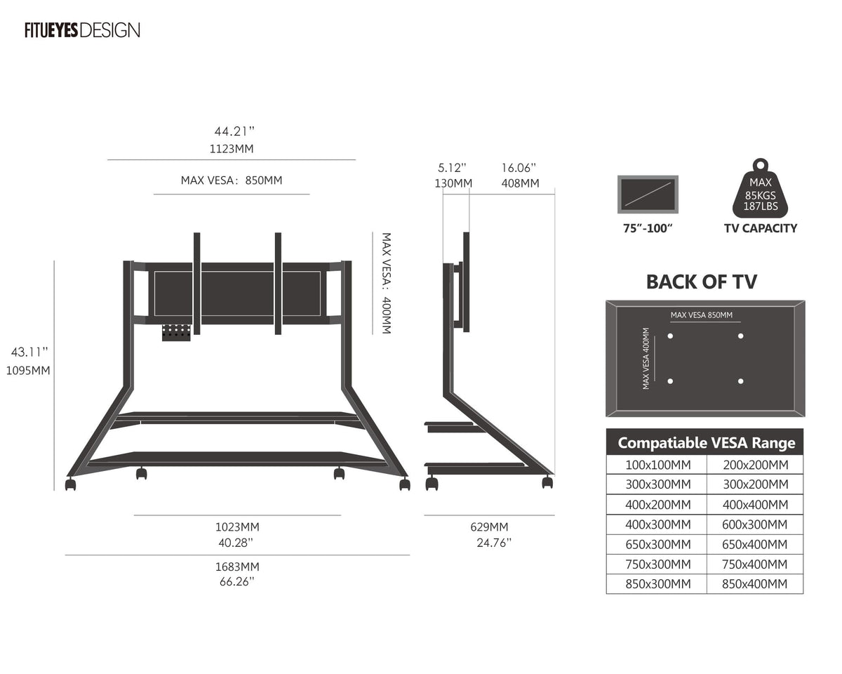 FITUEYES Rolling TV Floor Stand on Wheels for 75-100 Inch Large TVs, Black