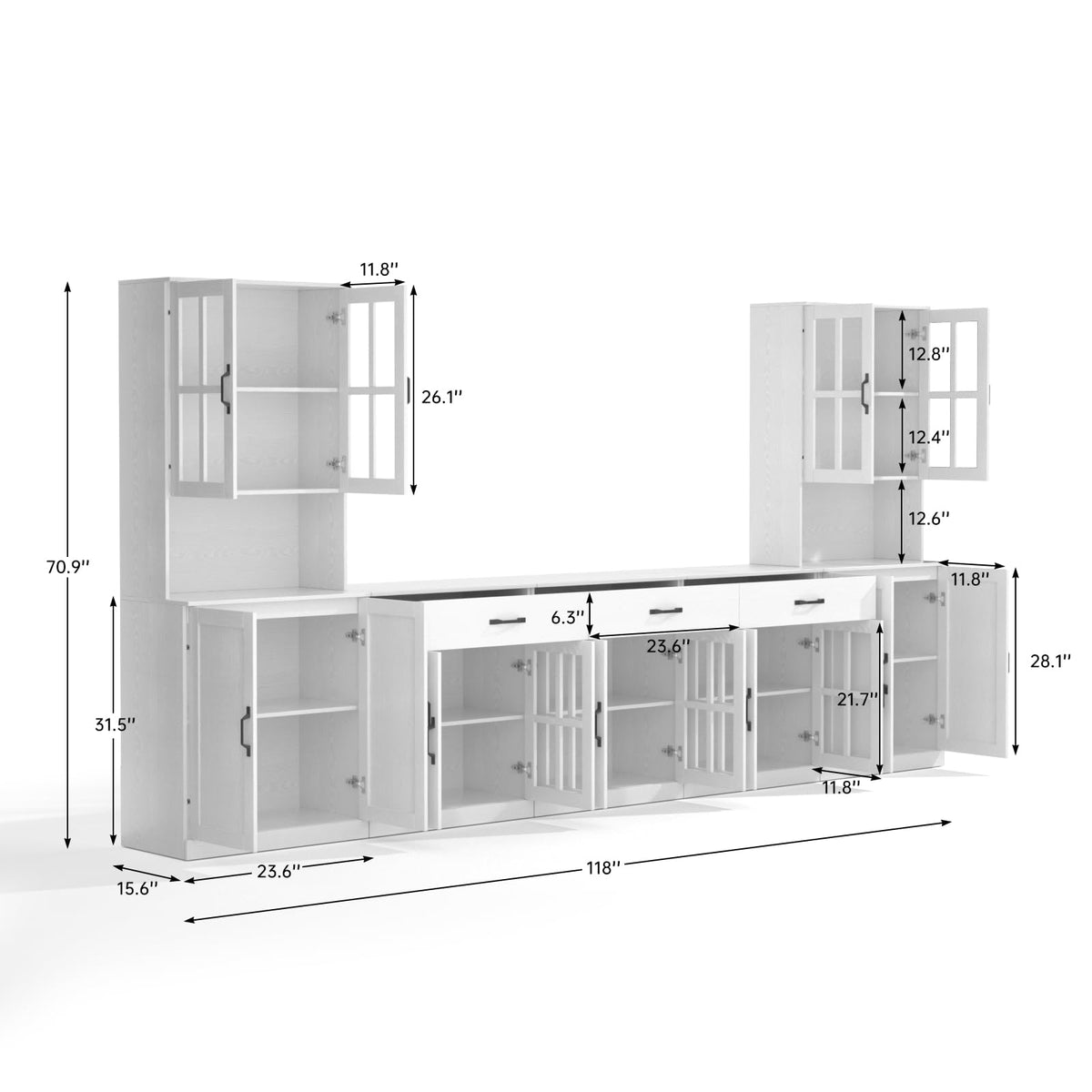 VOWNER 71" TV Stand for TVs up to 75", Entertainment Center with Bookcases & Drawers, 5PCS Media Console with Glass Doors, Tall Media Center for Living Room (White, AHHHA)
