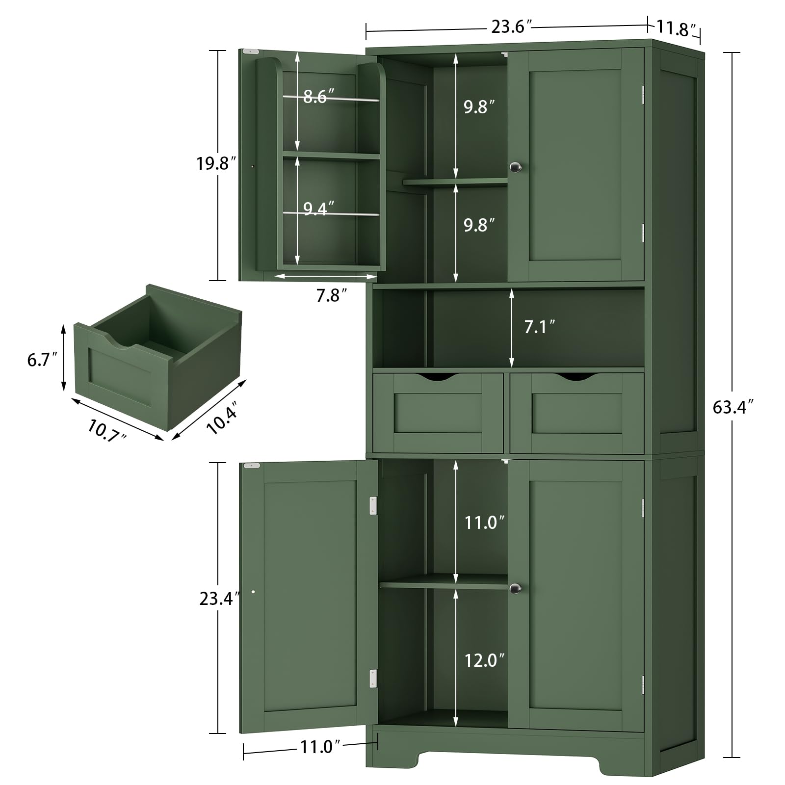 TEENFON Kitchen Pantry Cabinet with Adjustable Shelf, Tall Storage Cabinet with 2 Drawers & 4 Door Shelves, Food Pantry Cabinets, for Kitchen, Dining Room, Living Room, Green
