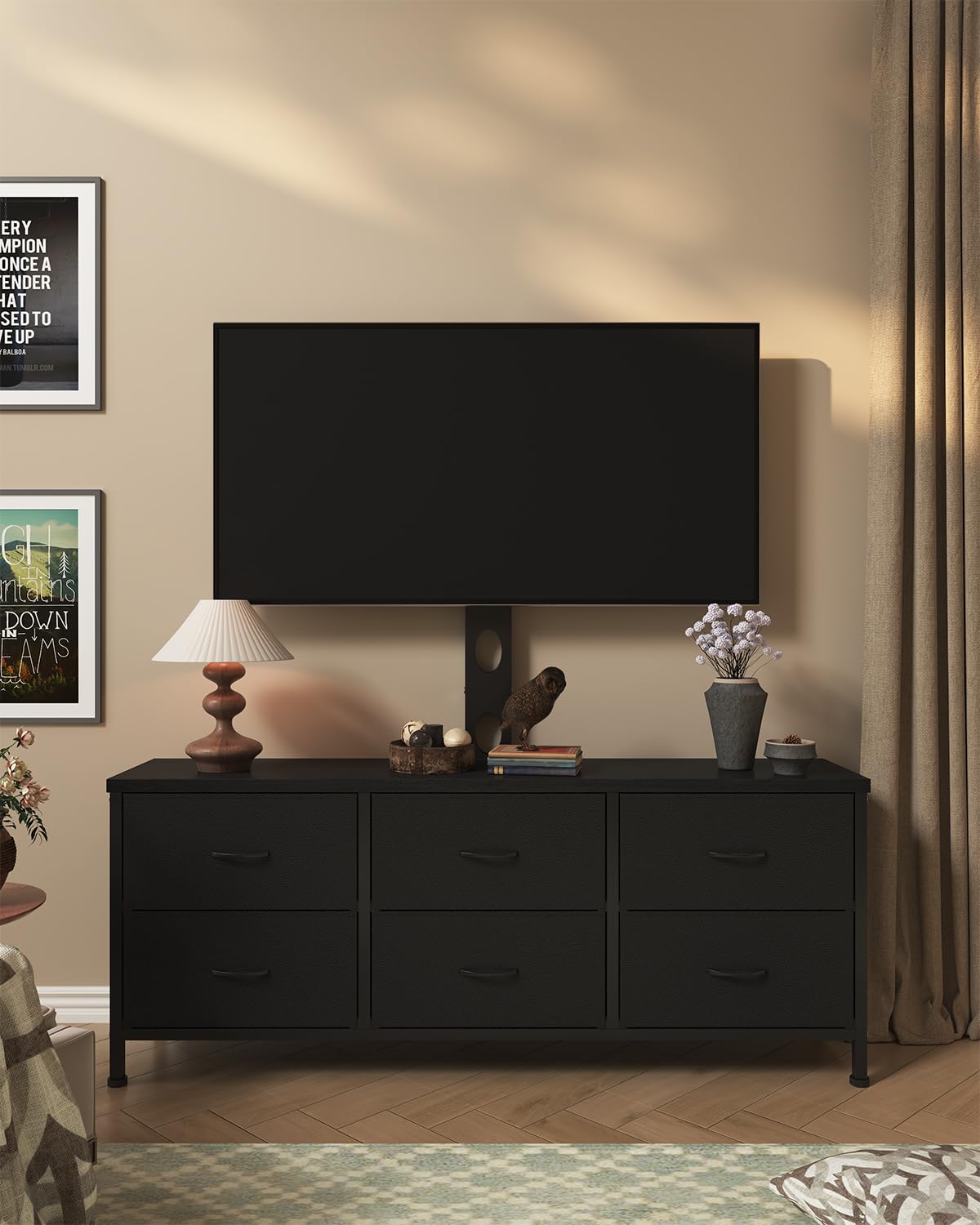 DrawXynth TV Stand with Mount, Fabric Dresser with 6 Drawers for 32/45/55/60/65/75 inch TVs, Black Dresser Entertainment Center, Modern Media TV Console Table