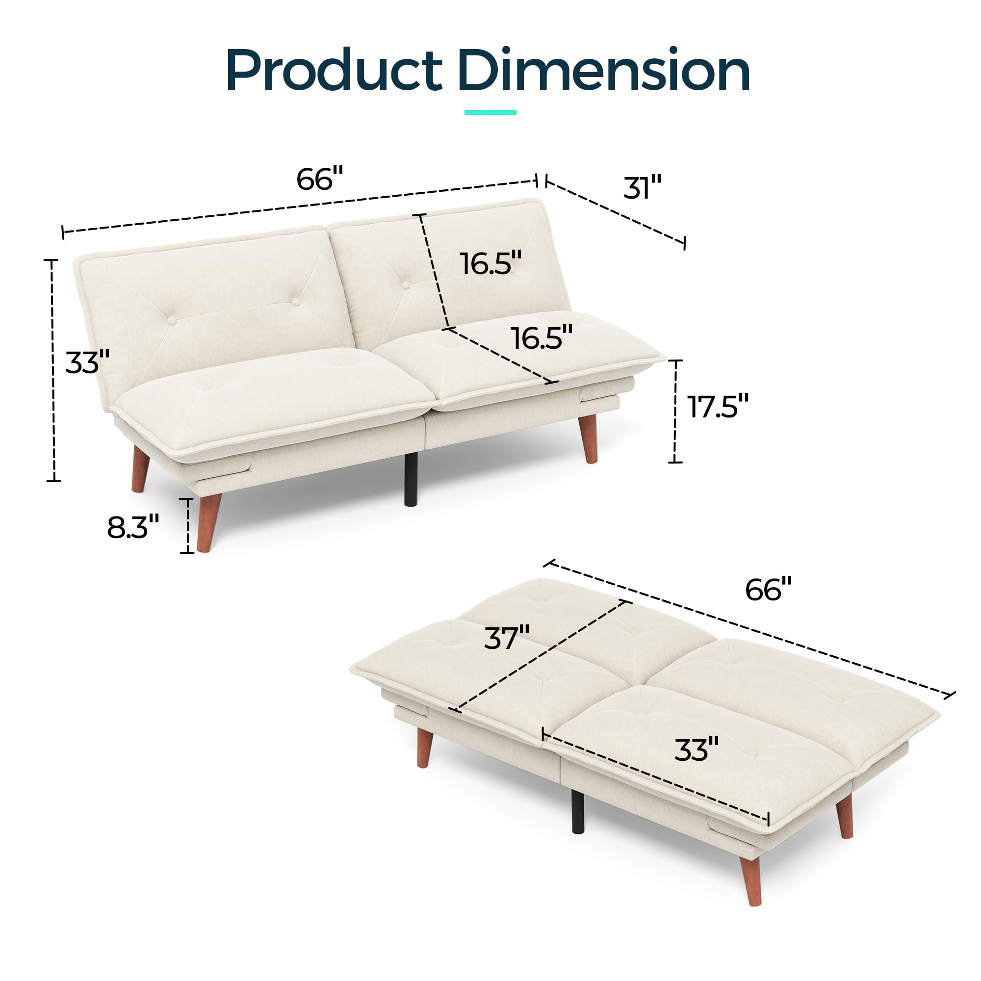 LINSY HOME Futon Sofa Bed, 70" Chenille Futon Couch with Adjustable Backrest Armrest, 3 in 1 Convertible Comfy Loveseat Sleeper Sofa Bed for Small Spaces Dorm Room Apartment Home Office(Beige White)