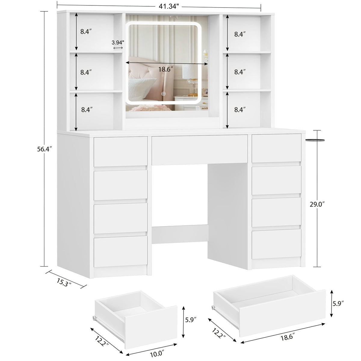 White 9-Drawer LED Makeup Vanity