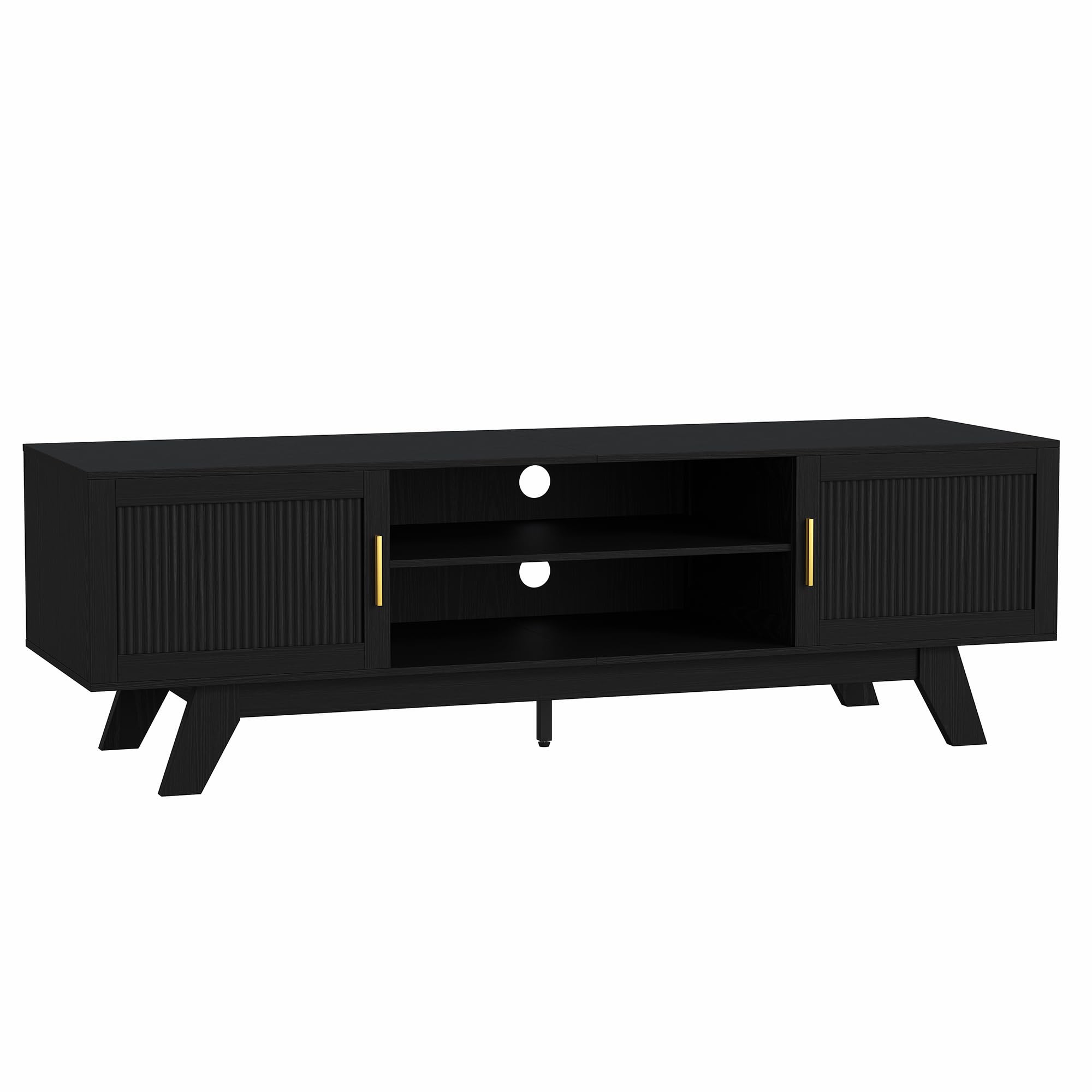 ChooChoo 59.5" Fluted TV Stands for 65 Inch TV, Mid Century Modern Entertainment Center with Storage and Adjustable Shelf, Long TV Console Media Table for Living Room, Bedroom, Black