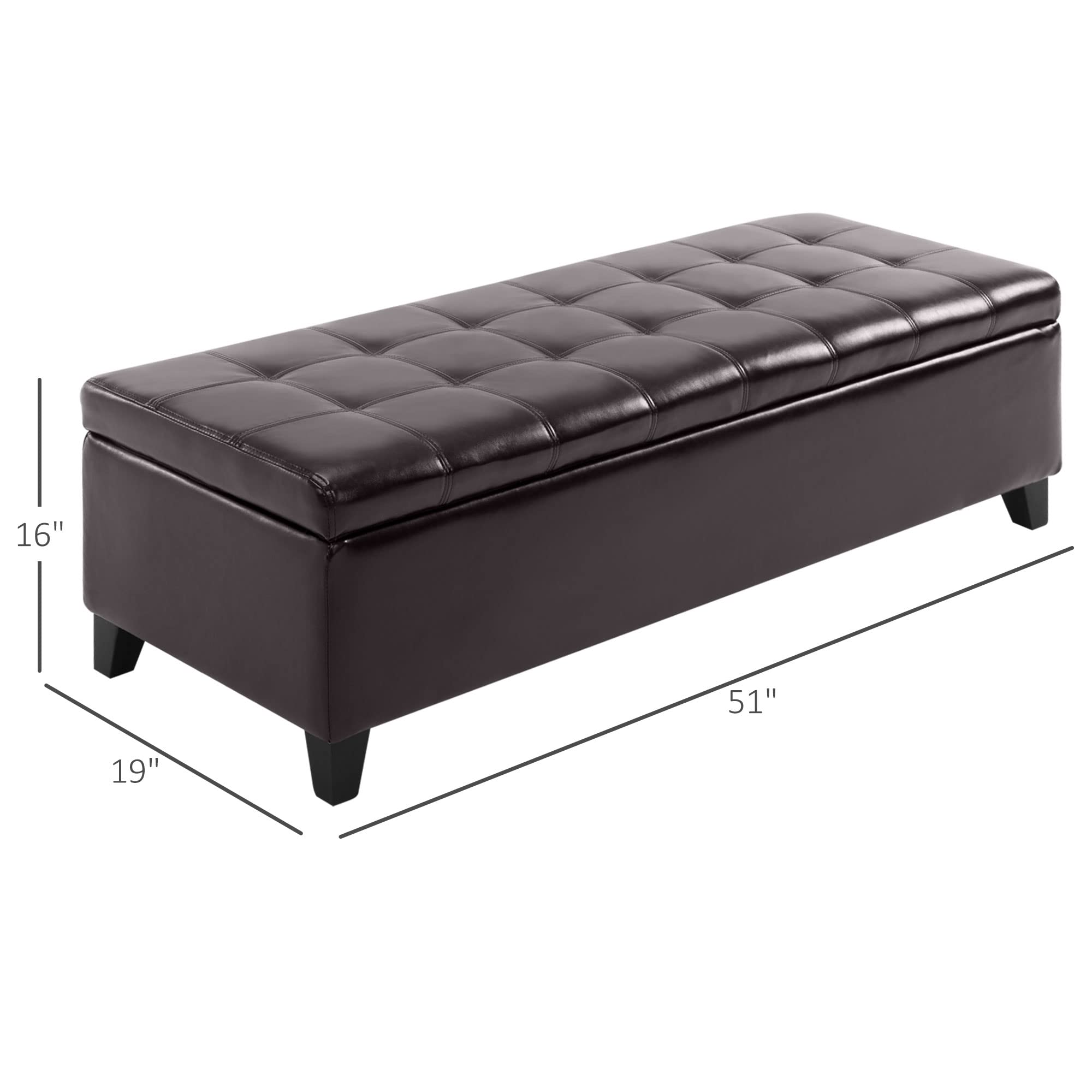 HOMCOM 51" Ottoman Storage Bench, Faux Leather Storage Chest with Lift Top, Tufted Ottoman for Living Room, Entryway, Dark Brown
