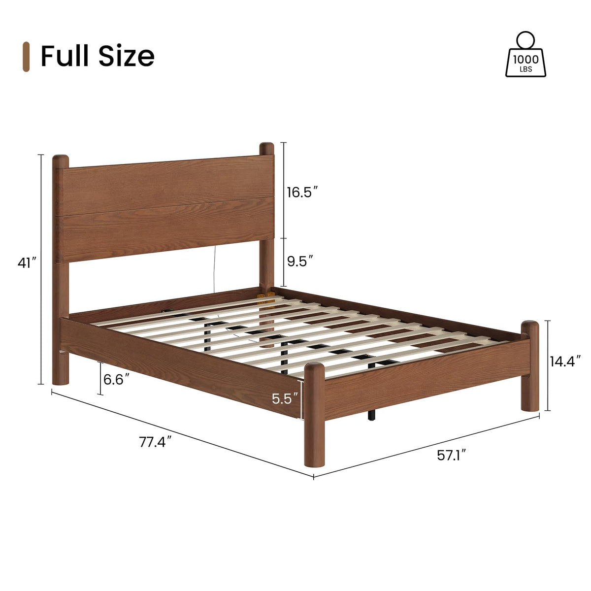 SUCSSRICH Solid Wood Full Size Bed Frame with Tall Headboard, Brown