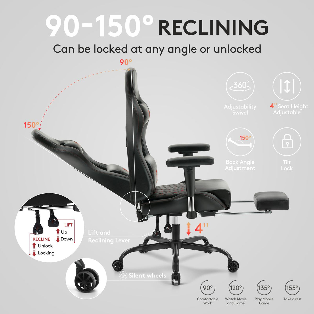Morkprism Gaming Chair,Office Chair with Massage,Gel Pad,Black Red