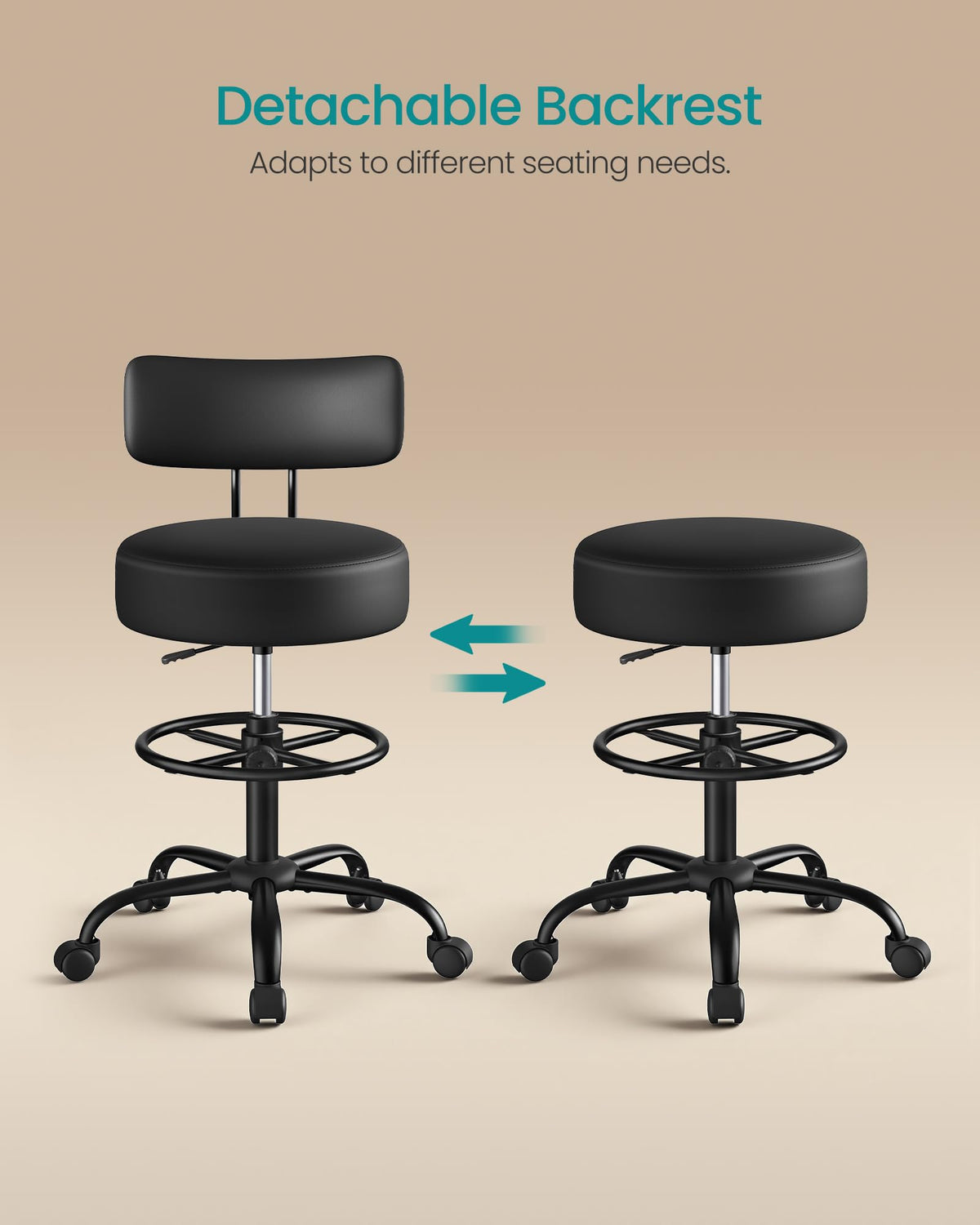 SONGMICS Drafting Chair with Backrest, Height Rolling Stool, PU Leather