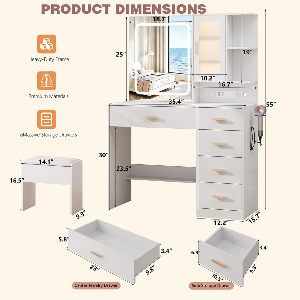 BZK Vanity Desk with LED Lights Mirror, White Makeup Vanity Set with 5 Drawers, Tempered Cabinet, Charging Station, Hair Dryer Rack & Cushion Stool, Dressing Table - Modern Bedroom Furniture