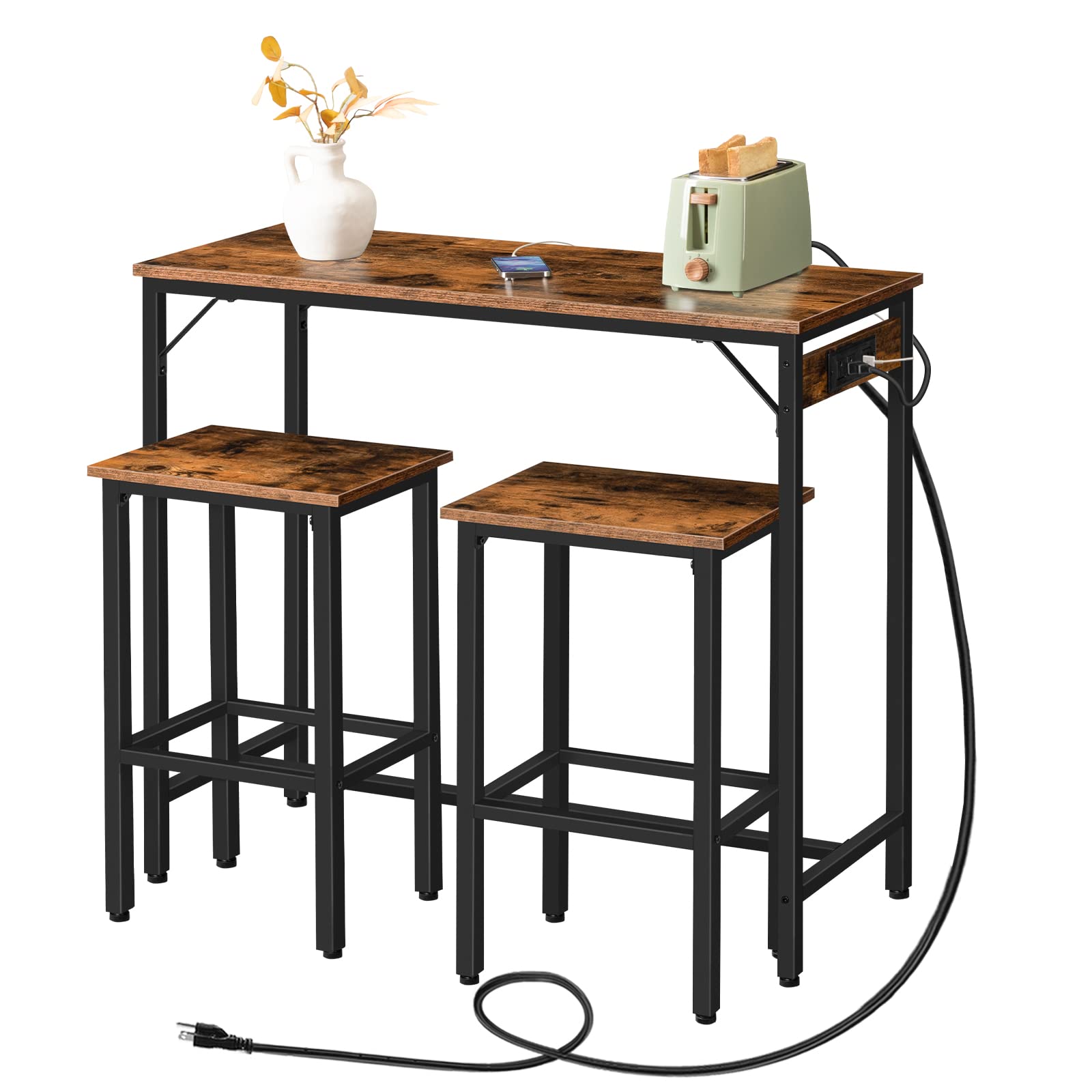 HOOBRO Bar Table and Chairs Set, 39.4" Dining Table Set with Power Outlet, 3-Piece Pub Table Set, Kitchen Bar Height Table with Stools of 2, Space Saving for Living Room, Rustic Brown BF45UBT01