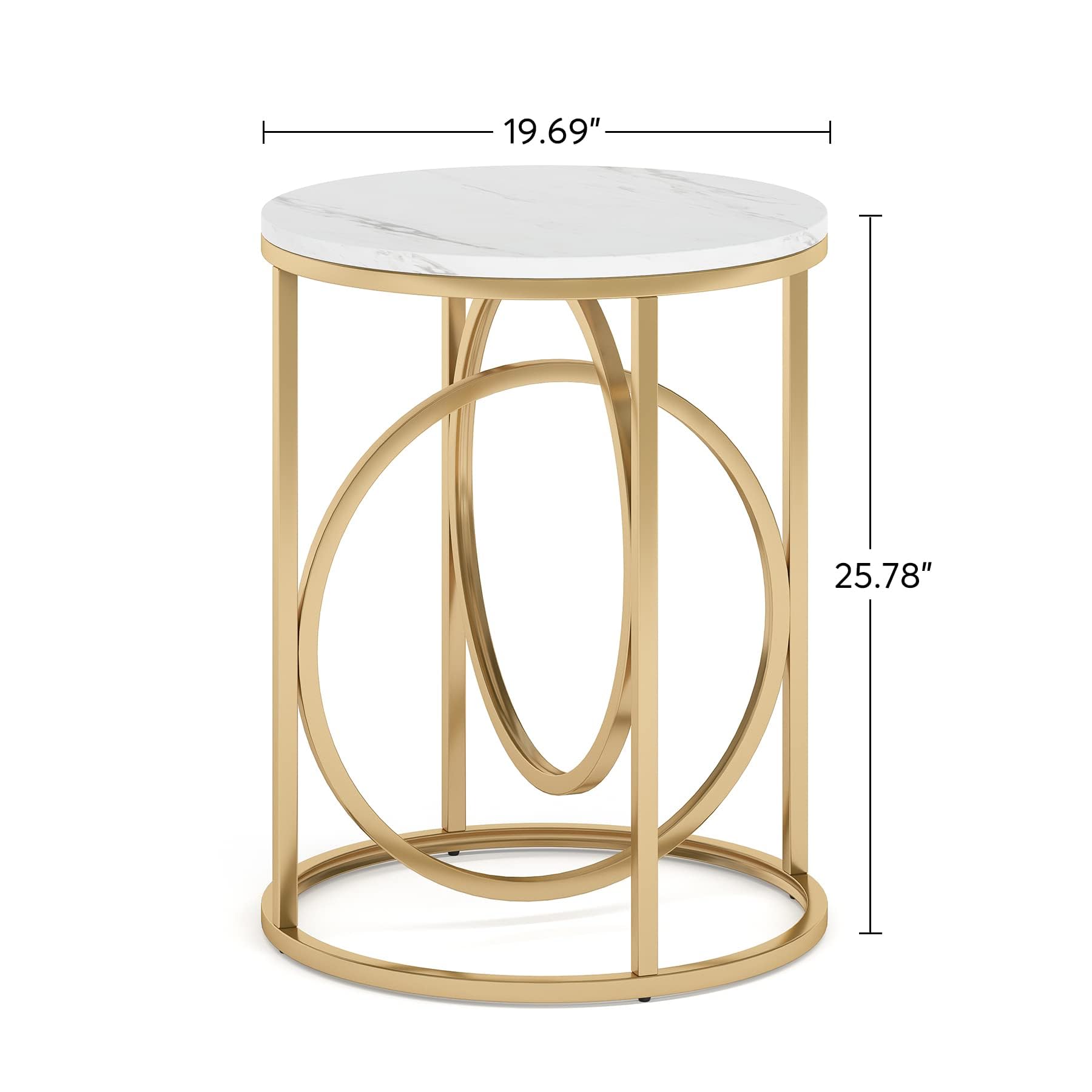 LITTLE TREE 20” Round End Table，Modern Sofa Side Table with Gold O-Shaped Base, Faux Marble White Cocktail Table Accent Table Nightstand for Living Room Bedroom, 2PCS