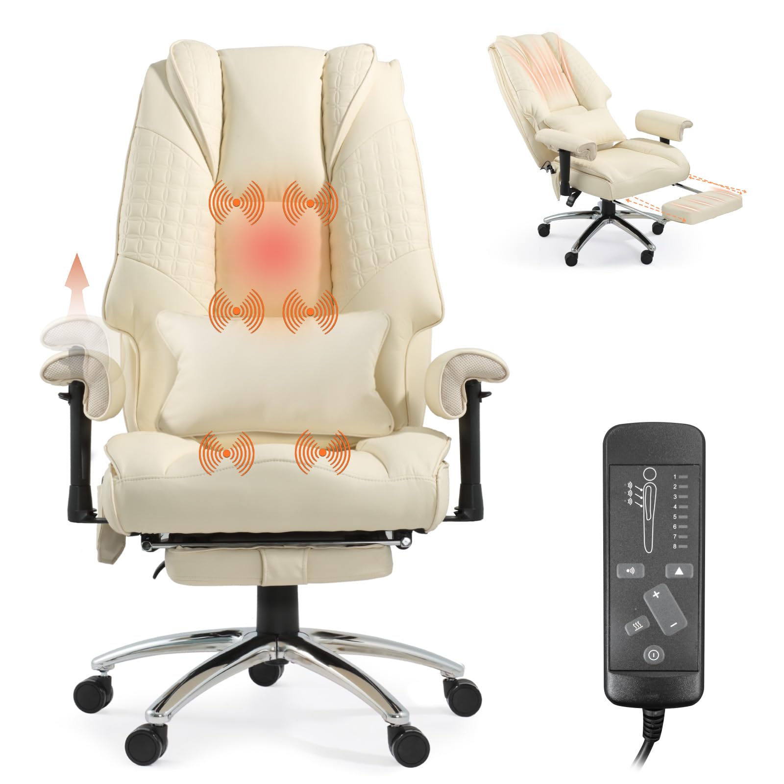 Mvpipi Vibrate Massage & Heating Office Chair, Executive Office Chair with Reclining Backrest, Adjustable Arms & Lumbar Support, High Back Leather Desk Chairs w/Foot Res for Home Office, Beige