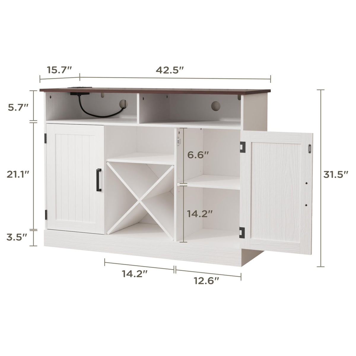 MHOM Farmhouse Coffee Bar Cabinet with Prower Outlets, Rustic Liquor Cabinet with Wine Rack, Wooden Wine Cabinet for Dining Room & Living Room, White