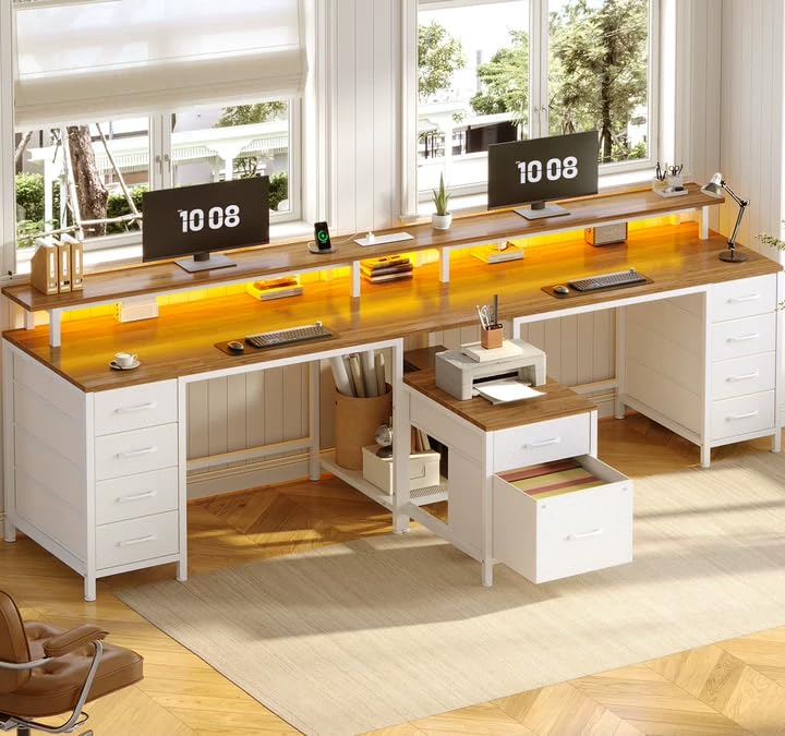 95'' 2 Person Desk with 10 Drawers, Outlets & LED for Gaming, Home Office