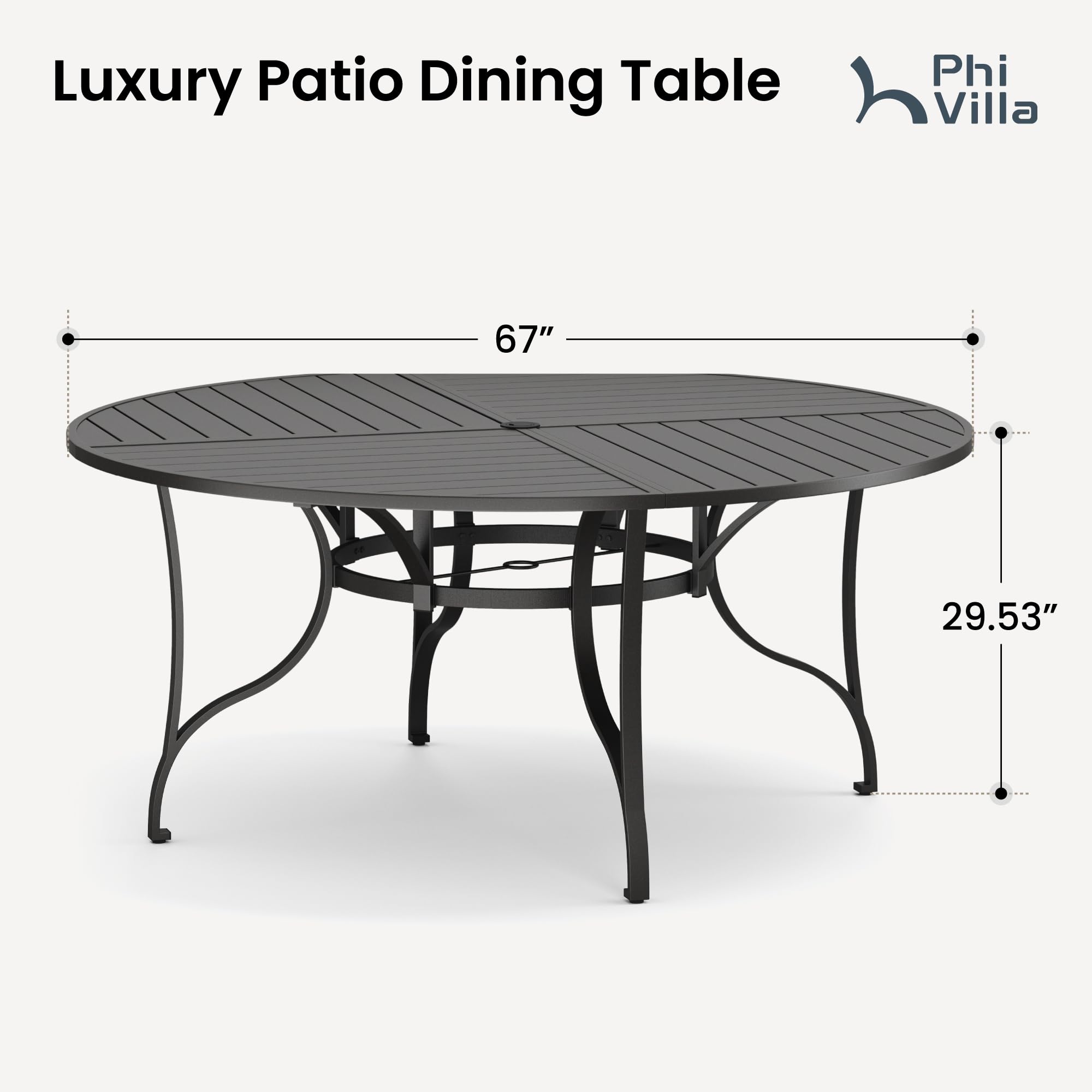 PHI VILLA 67" Outdoor Round Table for 8, Large Metal Wrought Iron Patio Dining Table with Umbrella Hole, All Weather Furniture for Outside Deck, Yard, Porch - Black