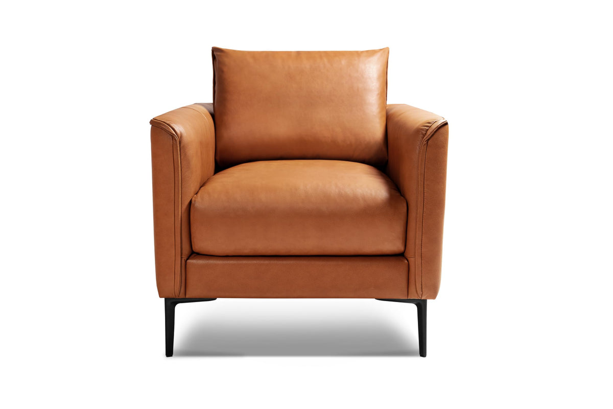 Valencia Jasper Cognac Tan Brown 34" Full Nappa Leather Accent Chair | Mid Century Single Leather Chair for Living Room Furniture | Plush Removable Cushions, Lounge Couch
