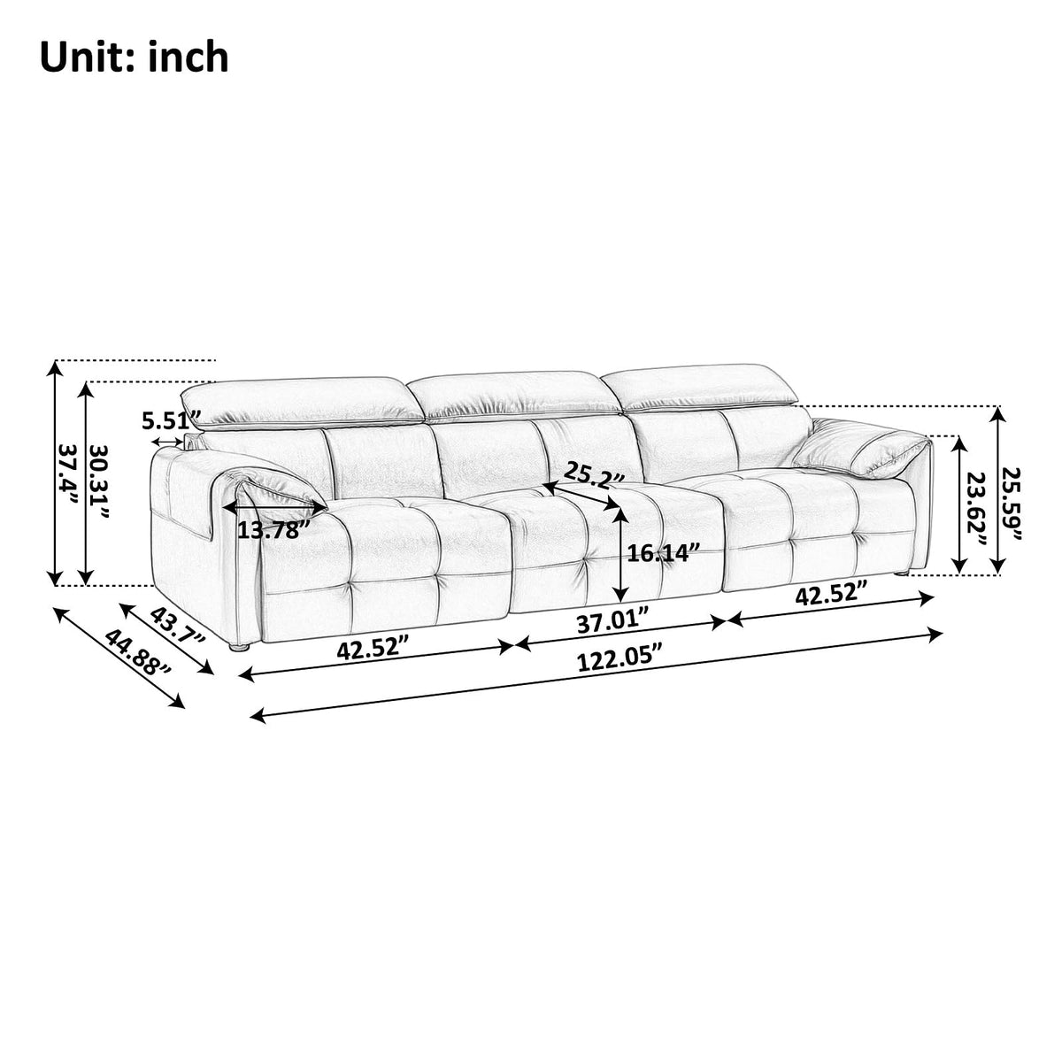 Genuine Leather Sofa with Adjustable Headrests, 122" Modern Modular Sectional Couch with Drop-Down Cup Holder Console, 3-Seater Leather Couches with Solid Wood Frame for Living Room, Office, Brown