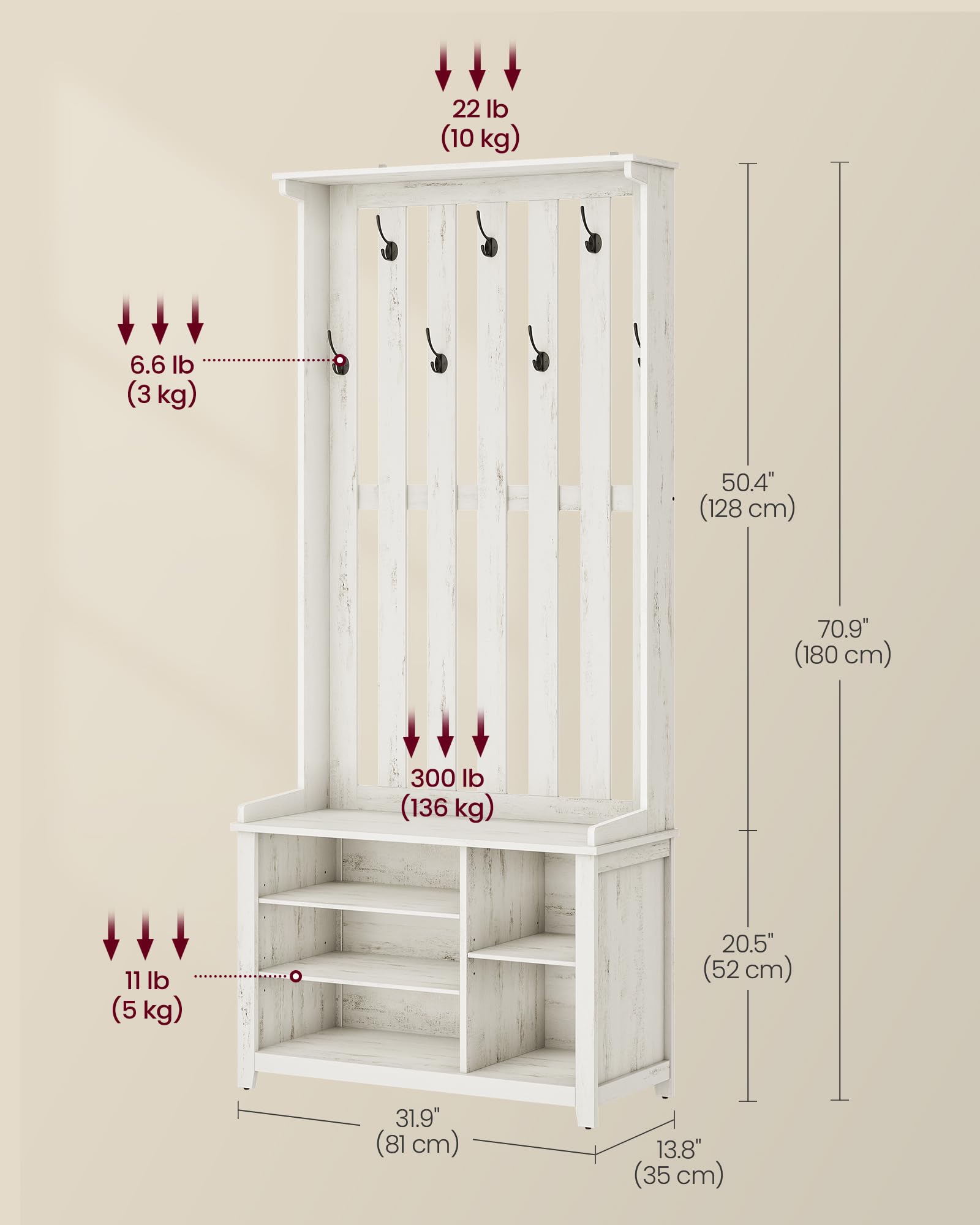Hall Tree with Bench, Shoe Storage & 7 Double Hooks