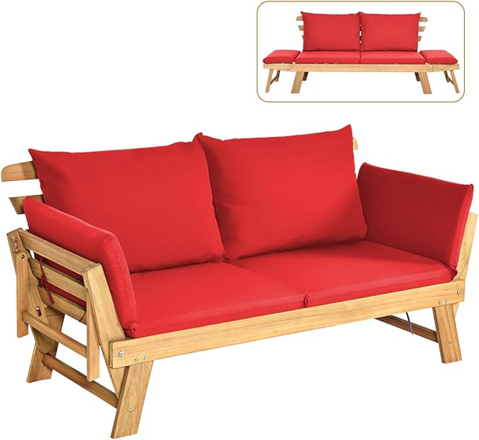 Acacia Wood Outdoor Daybed with Adjustable Armrests & Cushions