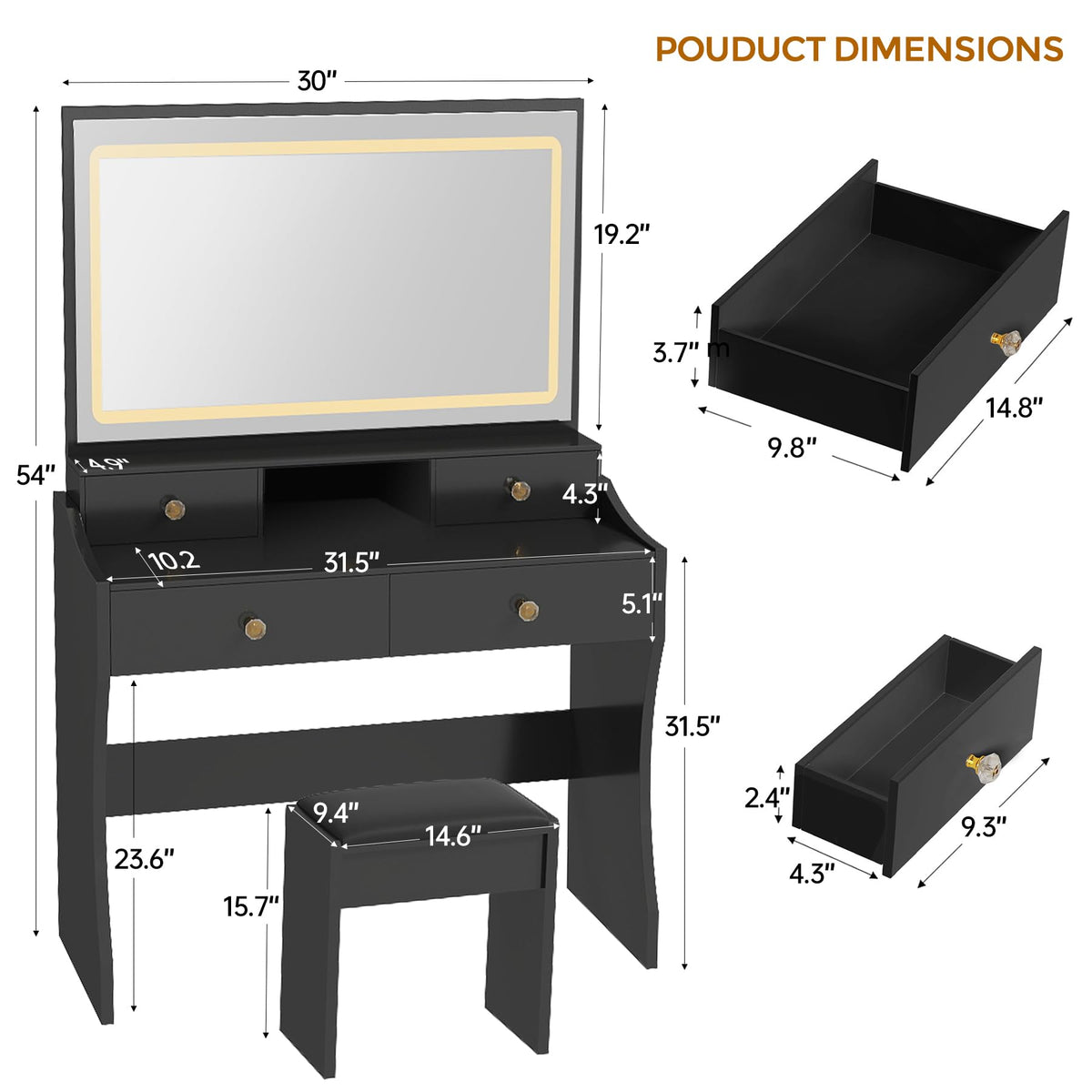 COMHOMA Vanity Desk with LED Lights Mirror & Power Outlet, Small Makeup Vanity Table Set with 5 Storage Drawers, 3 Lighting Modes & Adjustable Brightness, Dressing Table for Women Girls Bedroom, Black